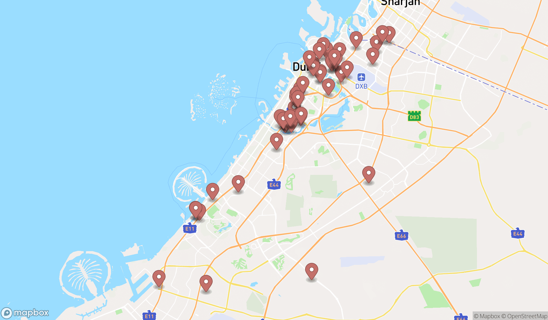 Map showing the search results in Dubai