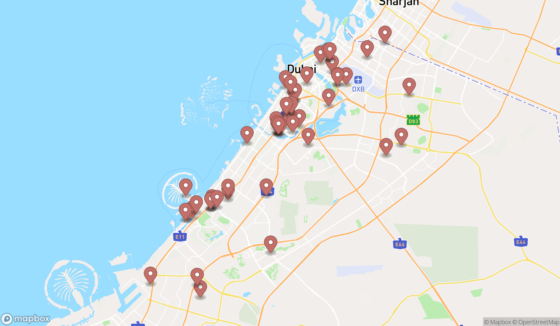 Map showing the search results in Dubai