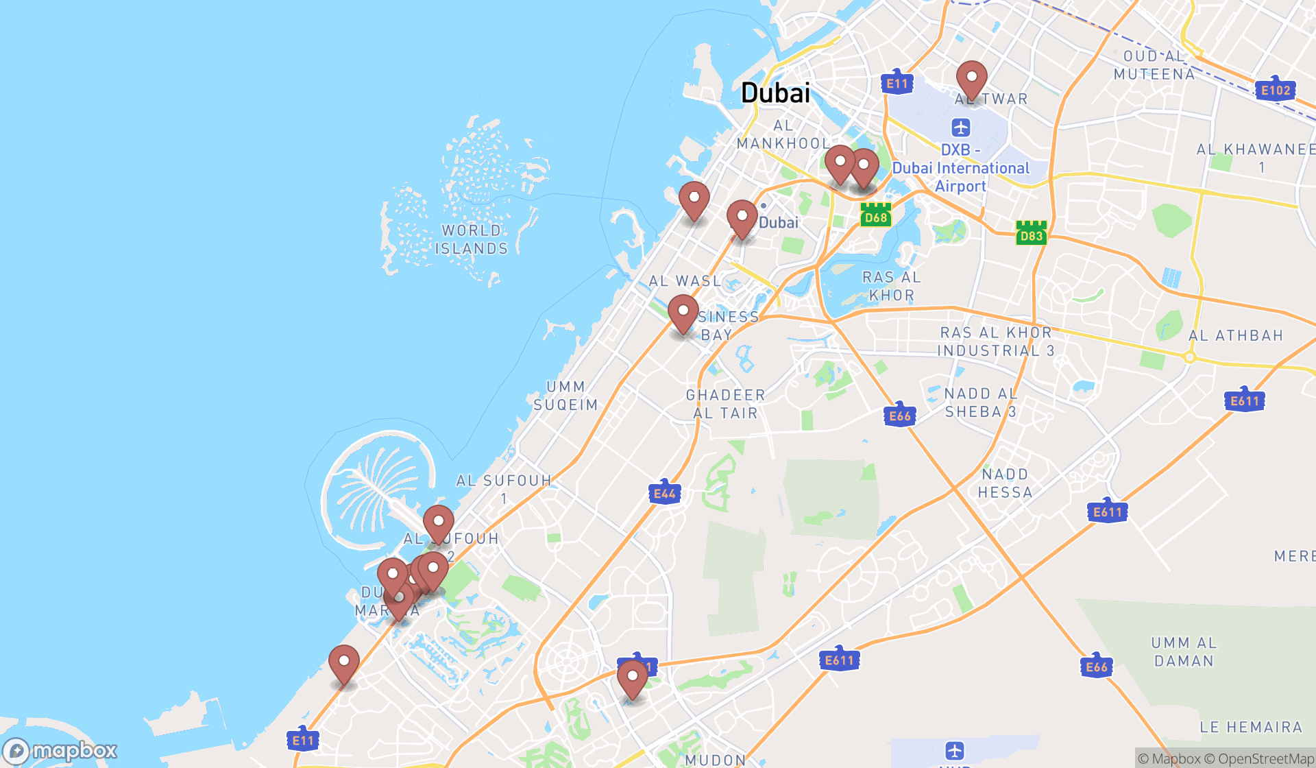 Map showing the search results in Dubai