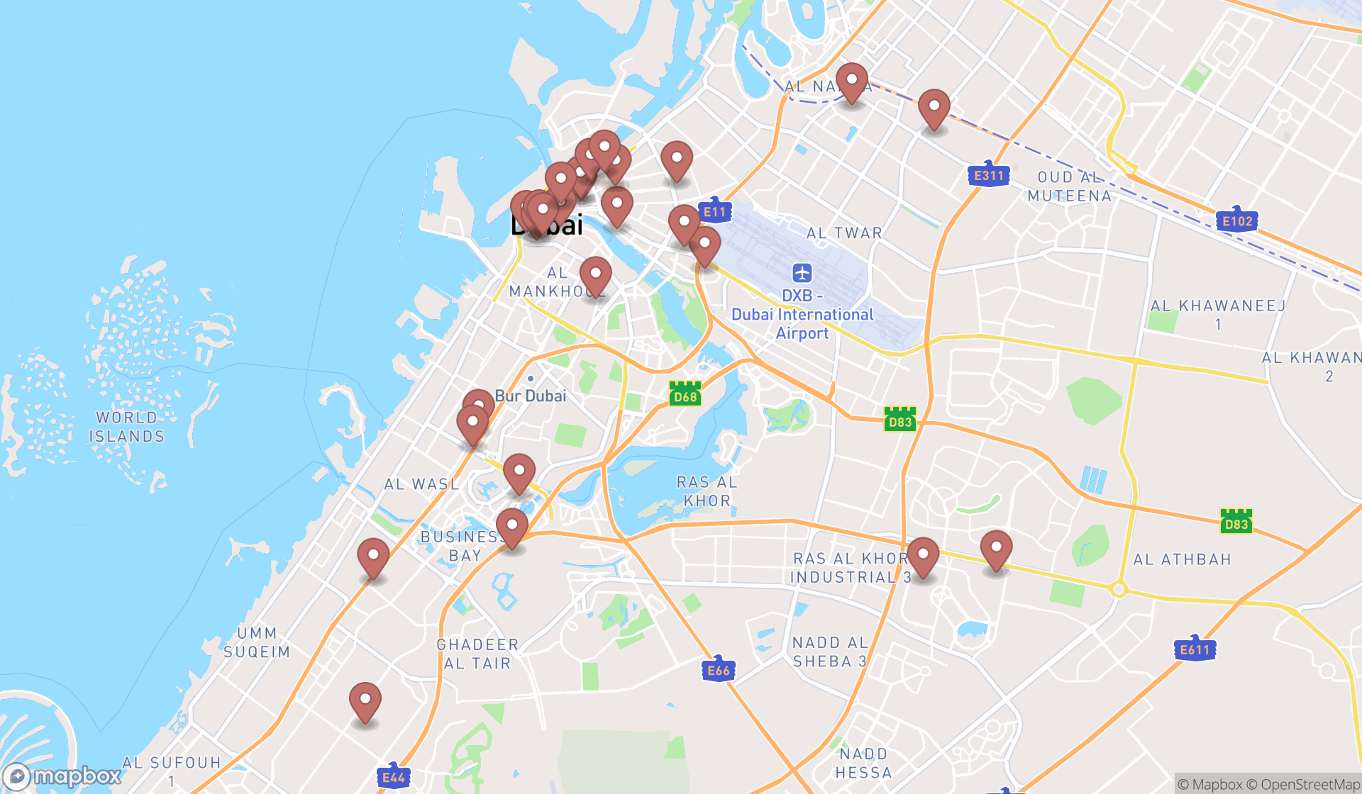 Map showing the search results in Dubai