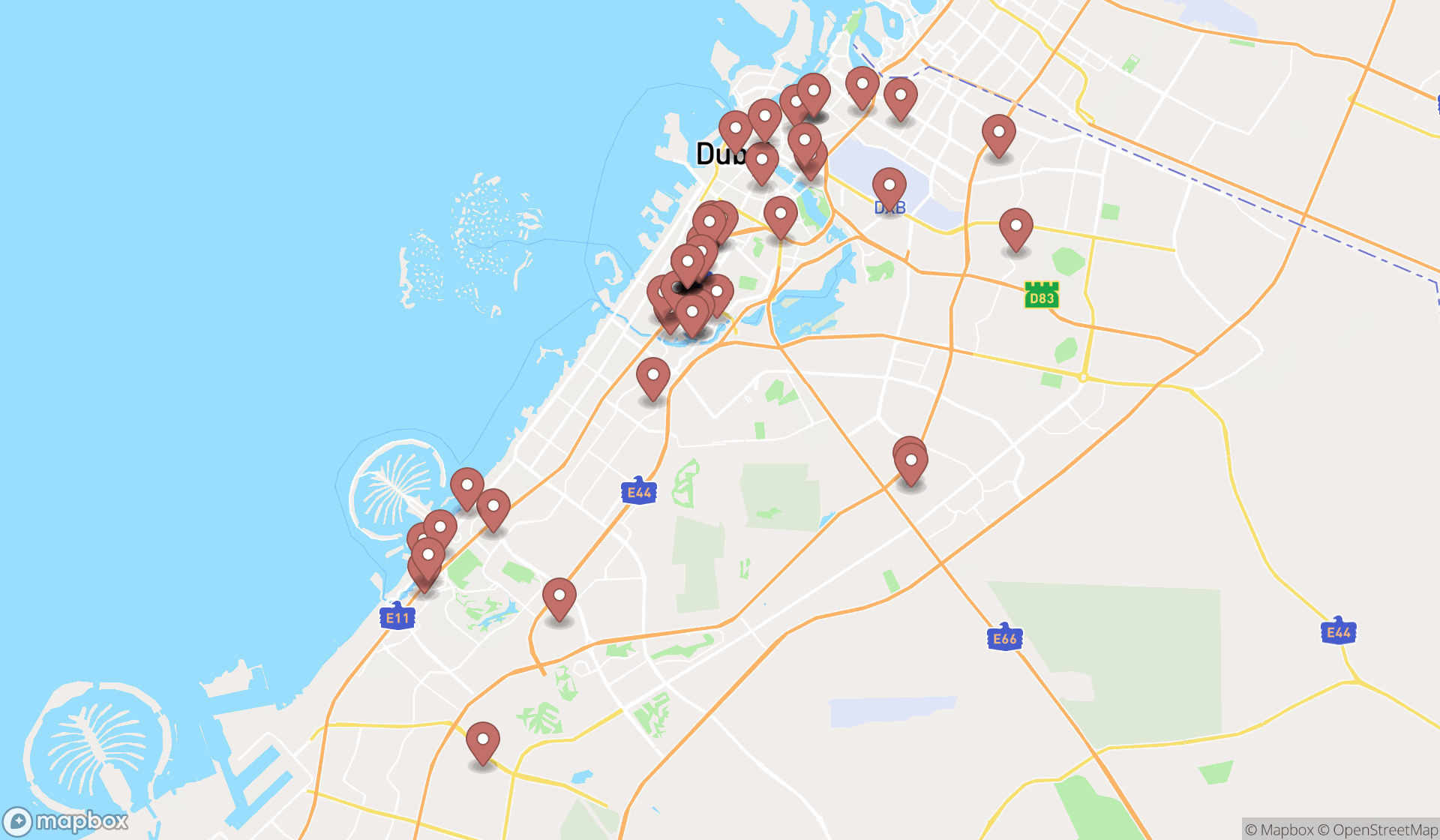 Map showing the search results in Dubai