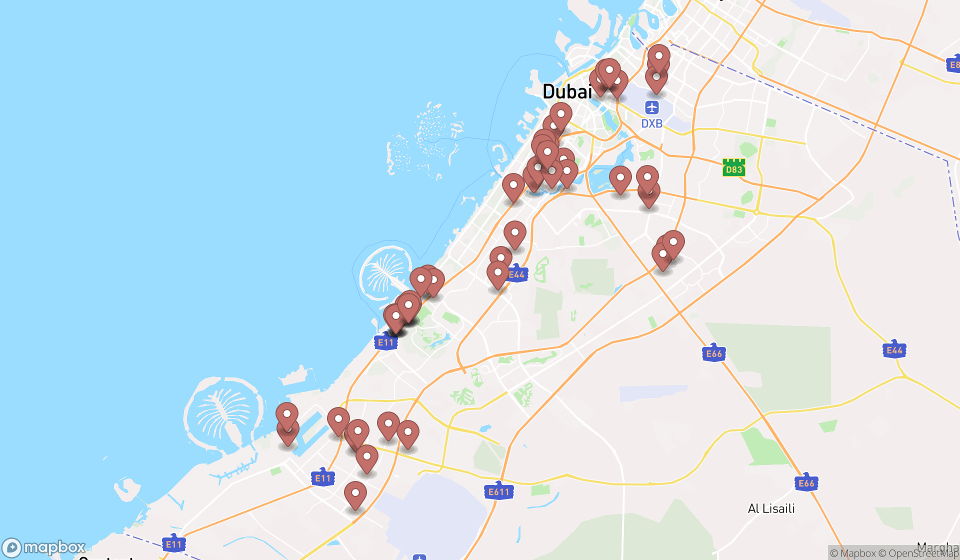 Map showing the search results in Dubai