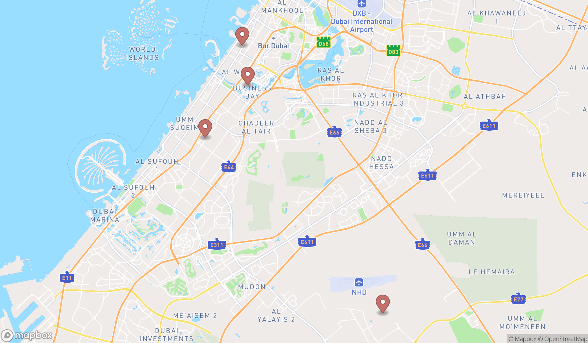 Map showing the search results in Dubai