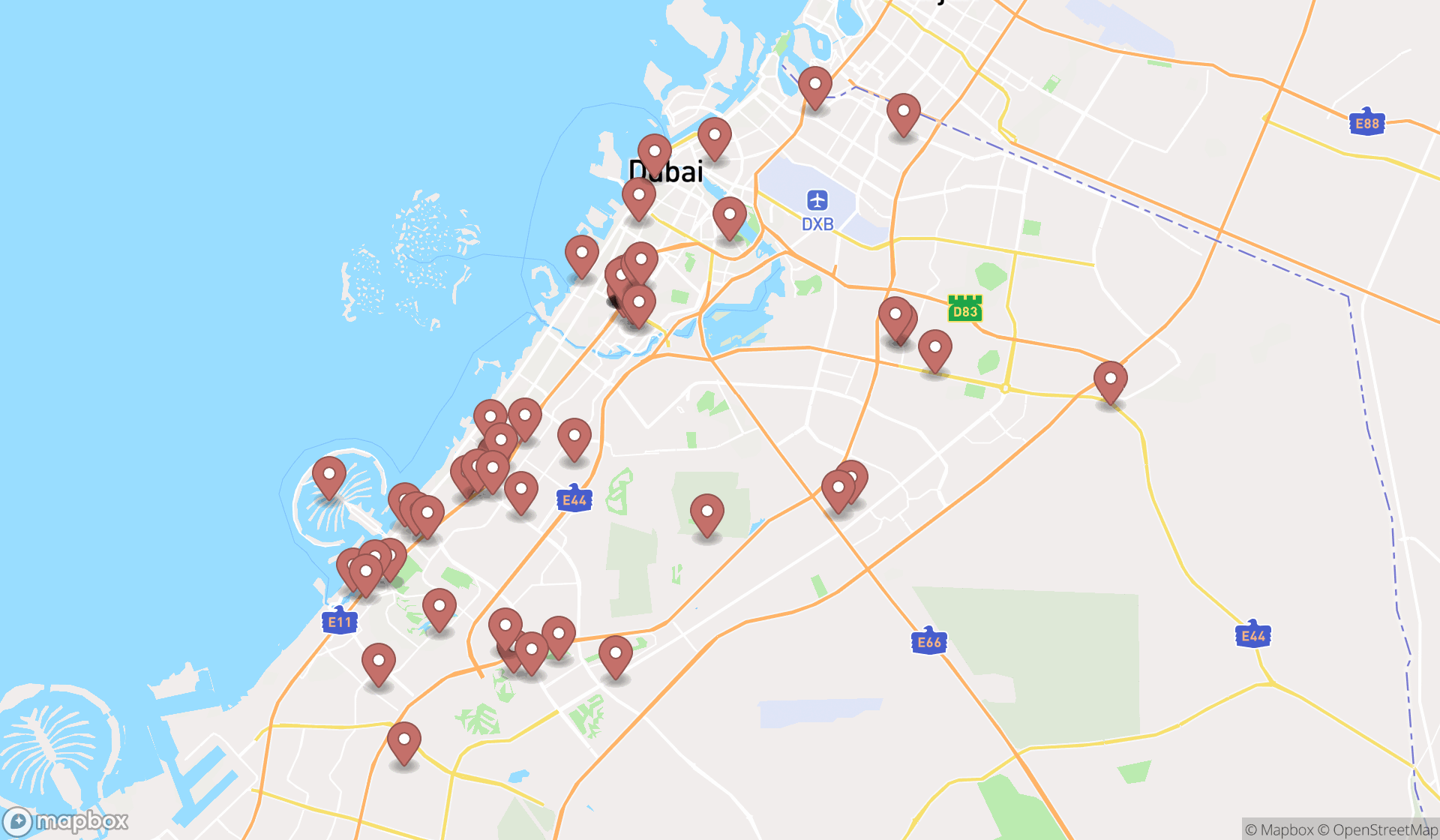 Map showing the search results in Dubai