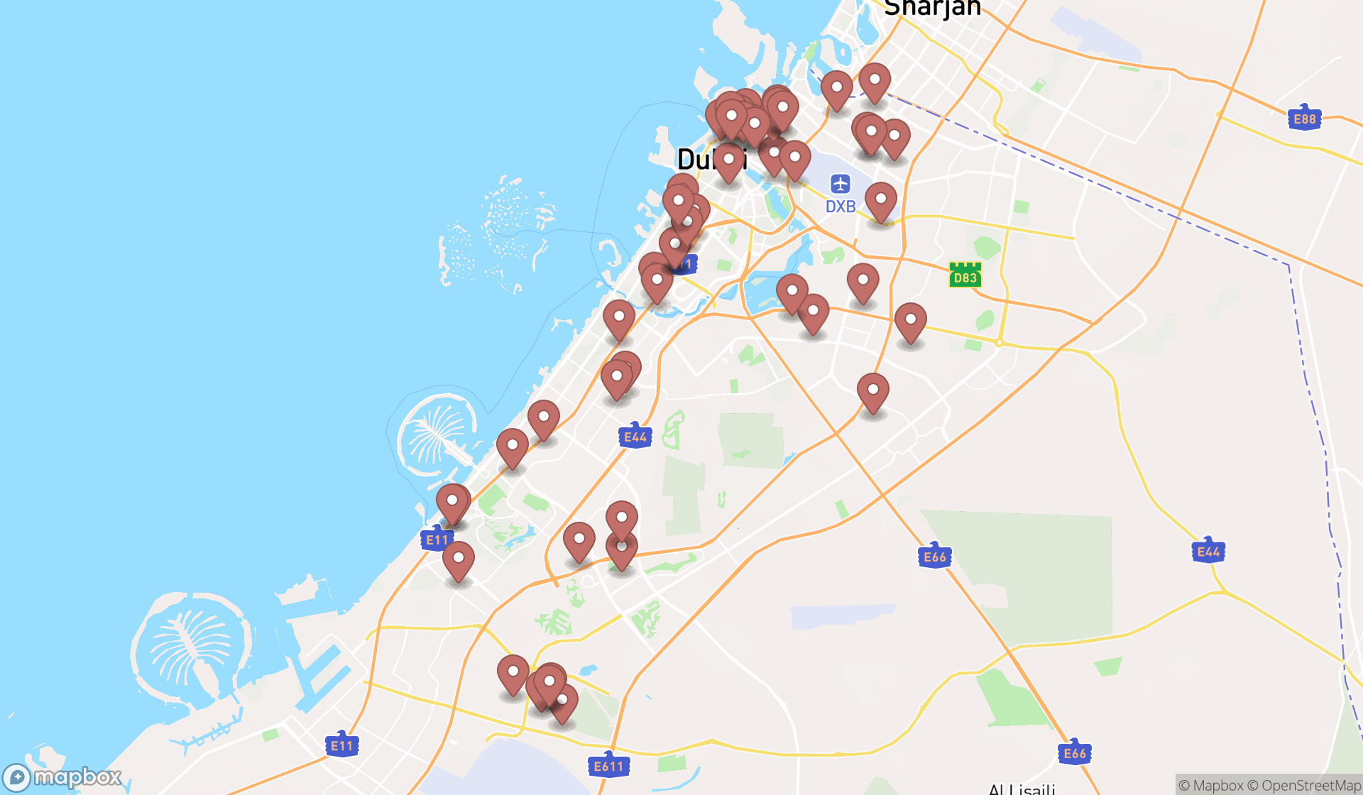 Map showing the search results in Dubai