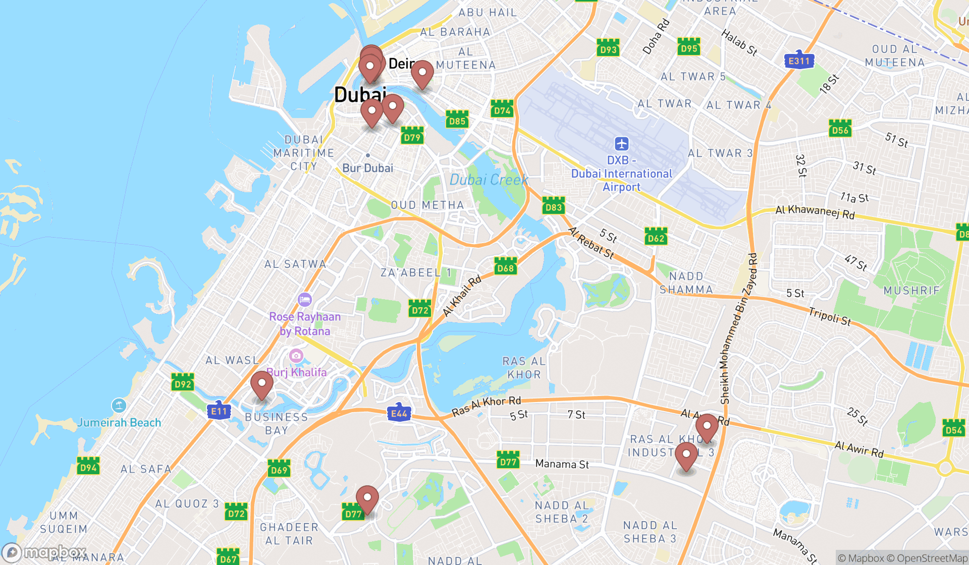Map showing the search results in Dubai