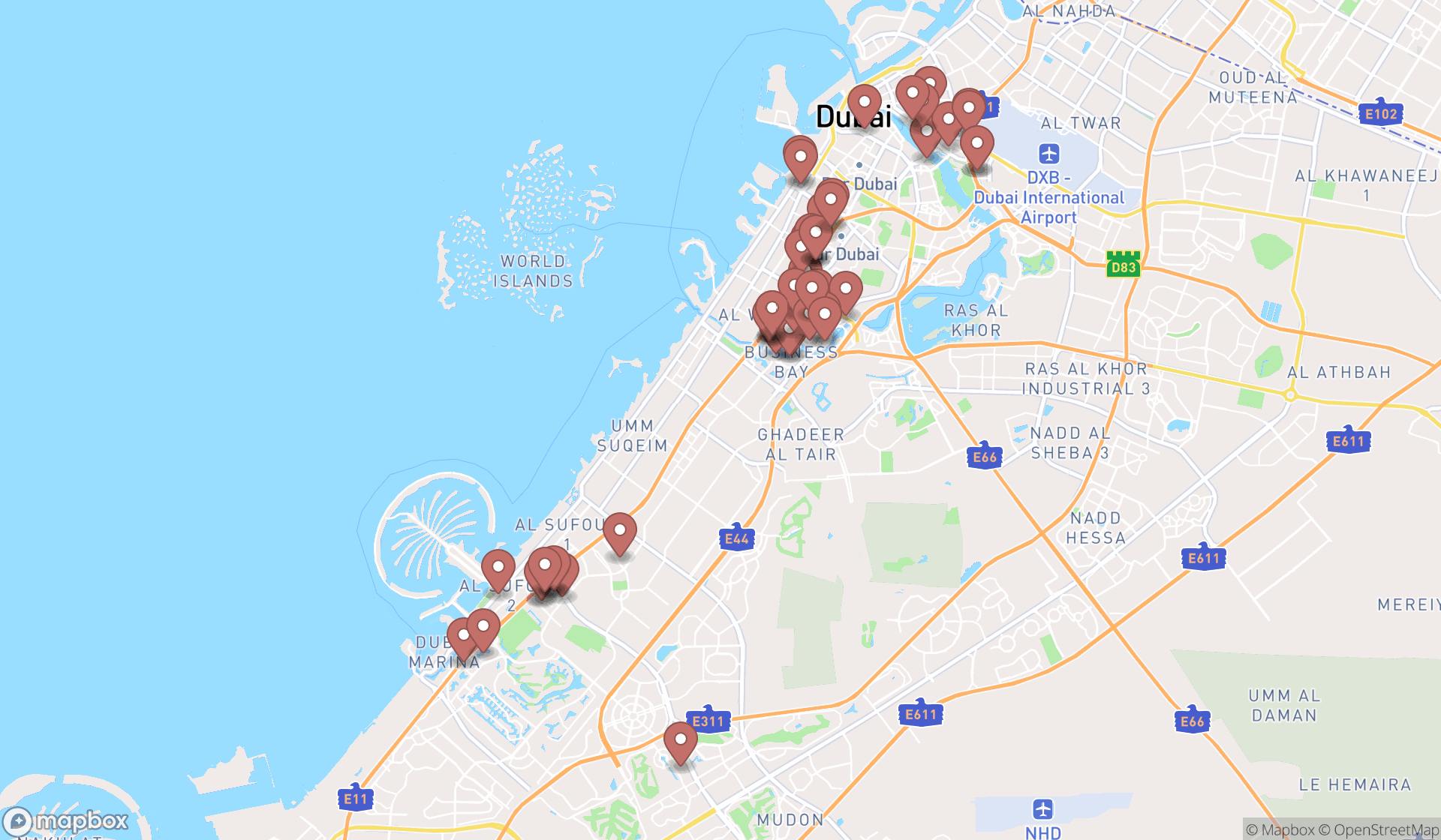 Map showing the search results in Dubai