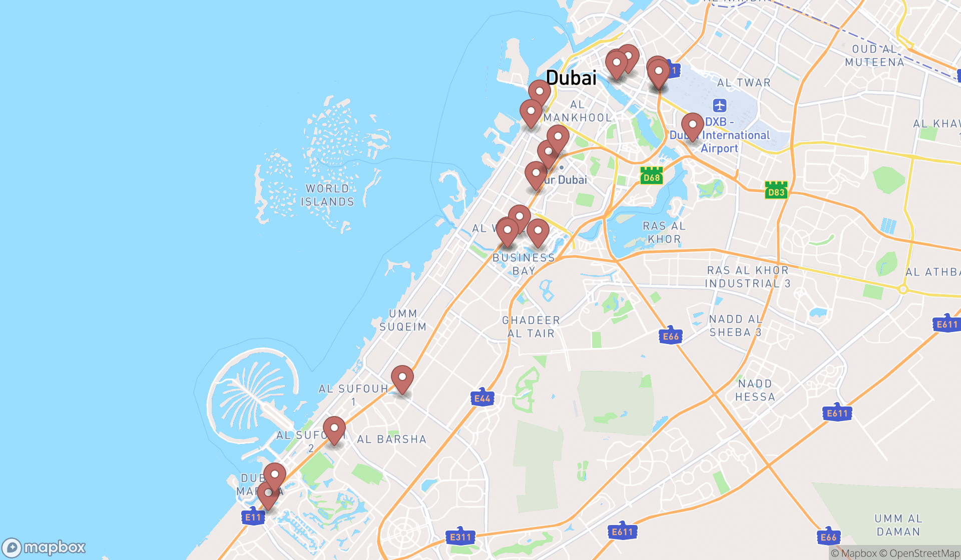 Map showing the search results in Dubai