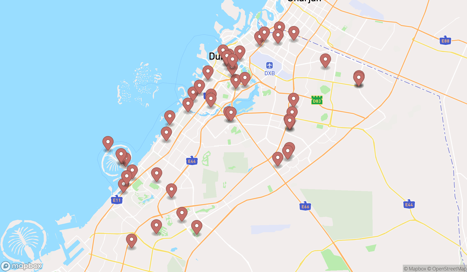 Map showing the search results in Dubai