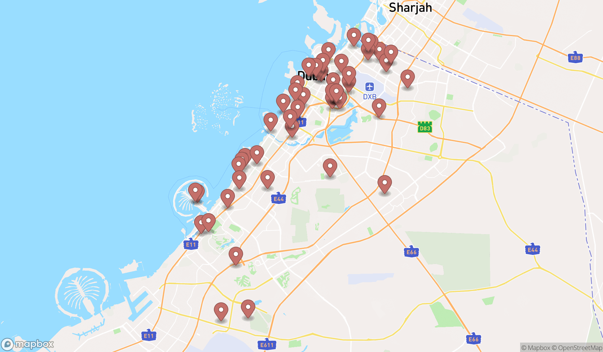 Map showing the search results in Dubai