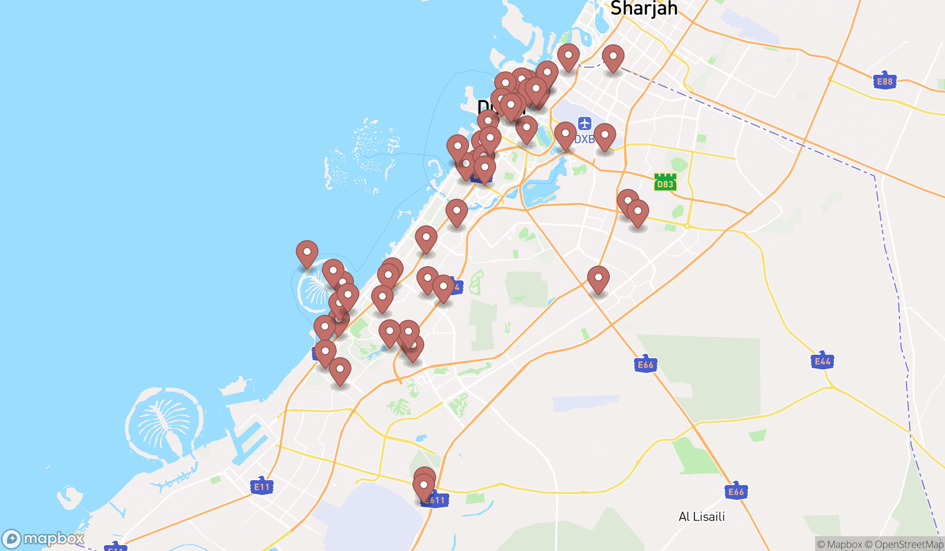 Map showing the search results in Dubai