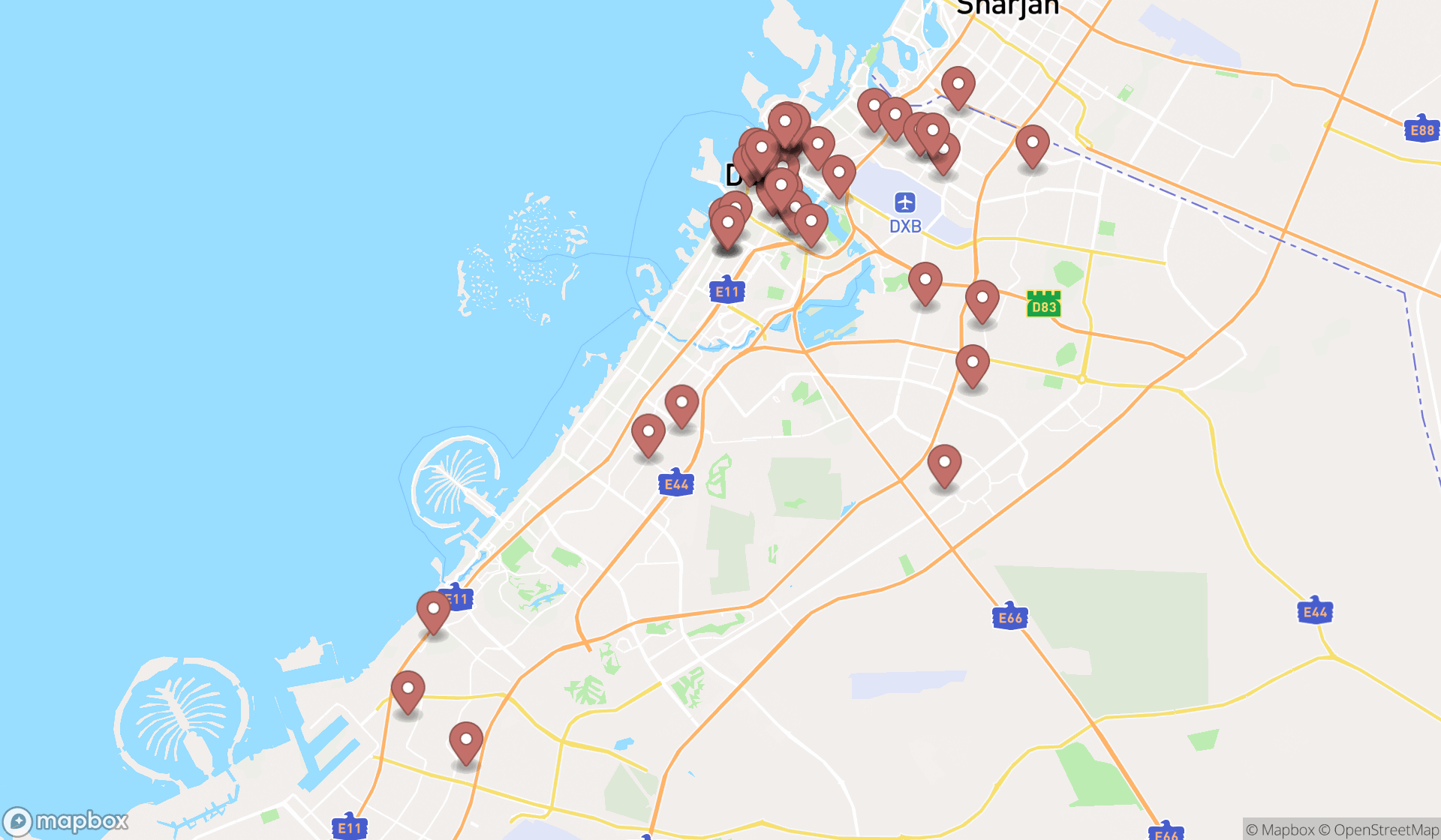 Map showing the search results in Dubai