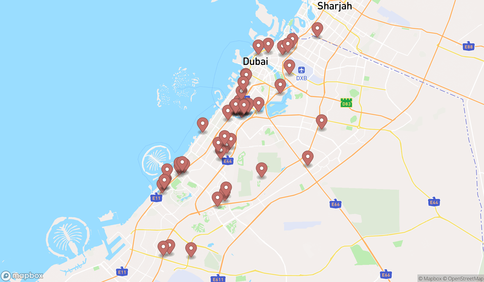 Map showing the search results in Dubai