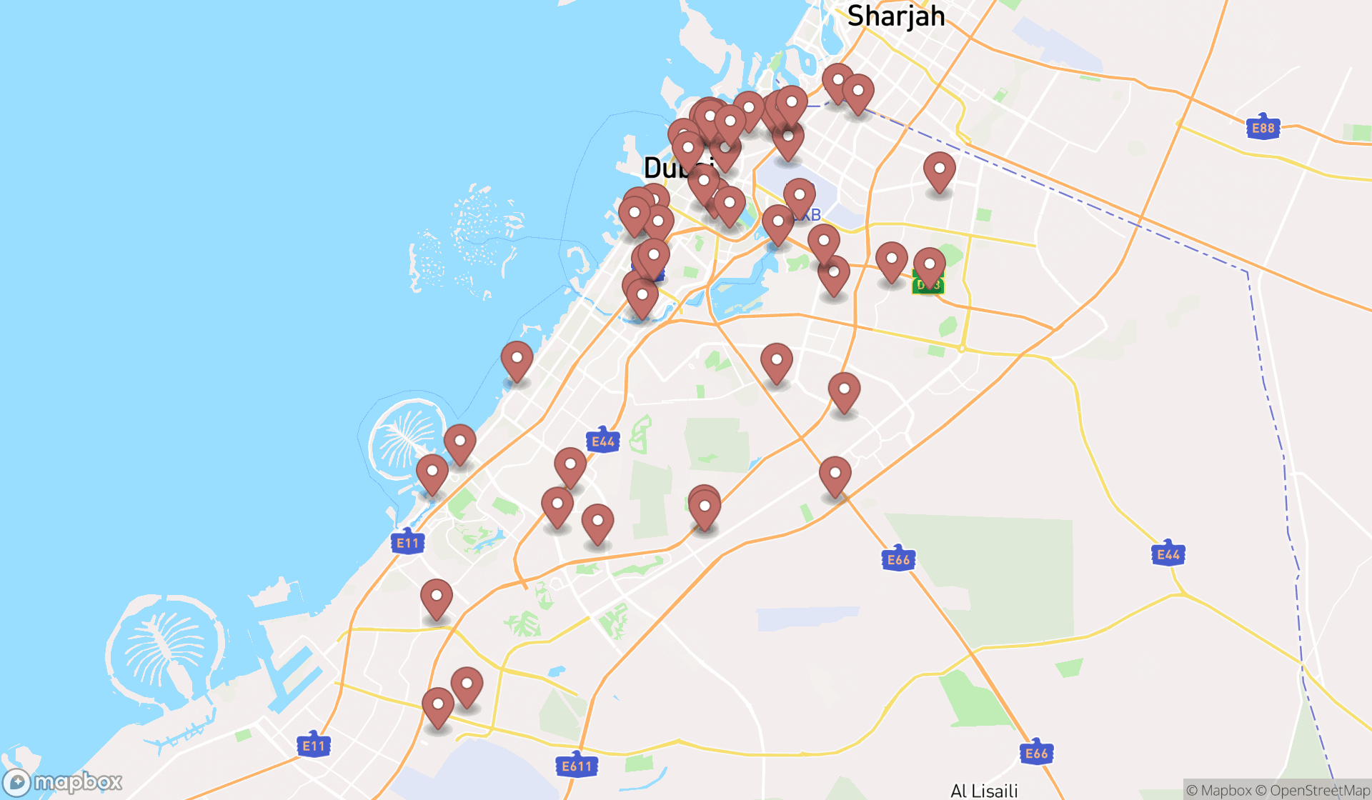 Map showing the search results in Dubai