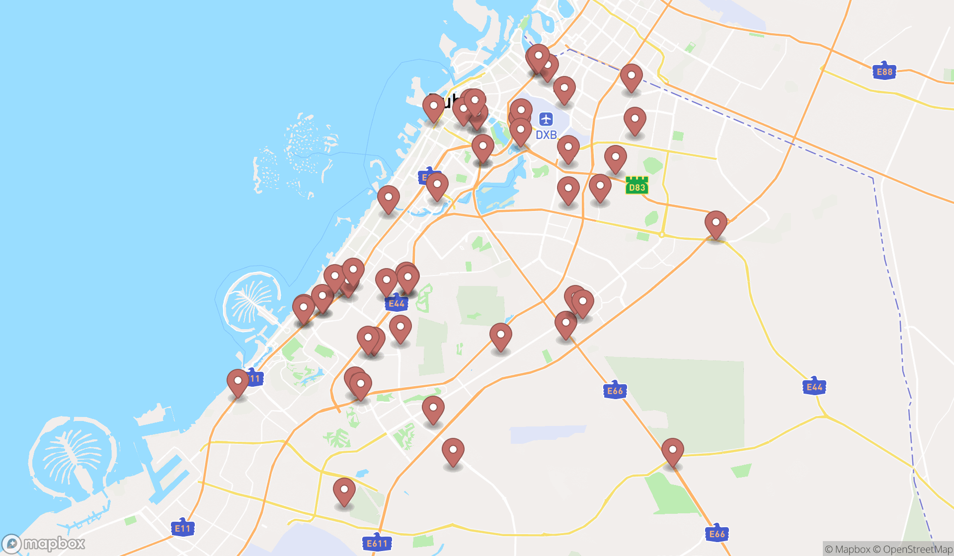 Map showing the search results in Dubai
