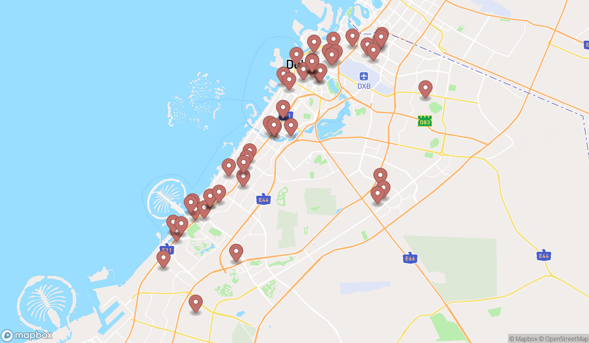 Map showing the search results in Dubai