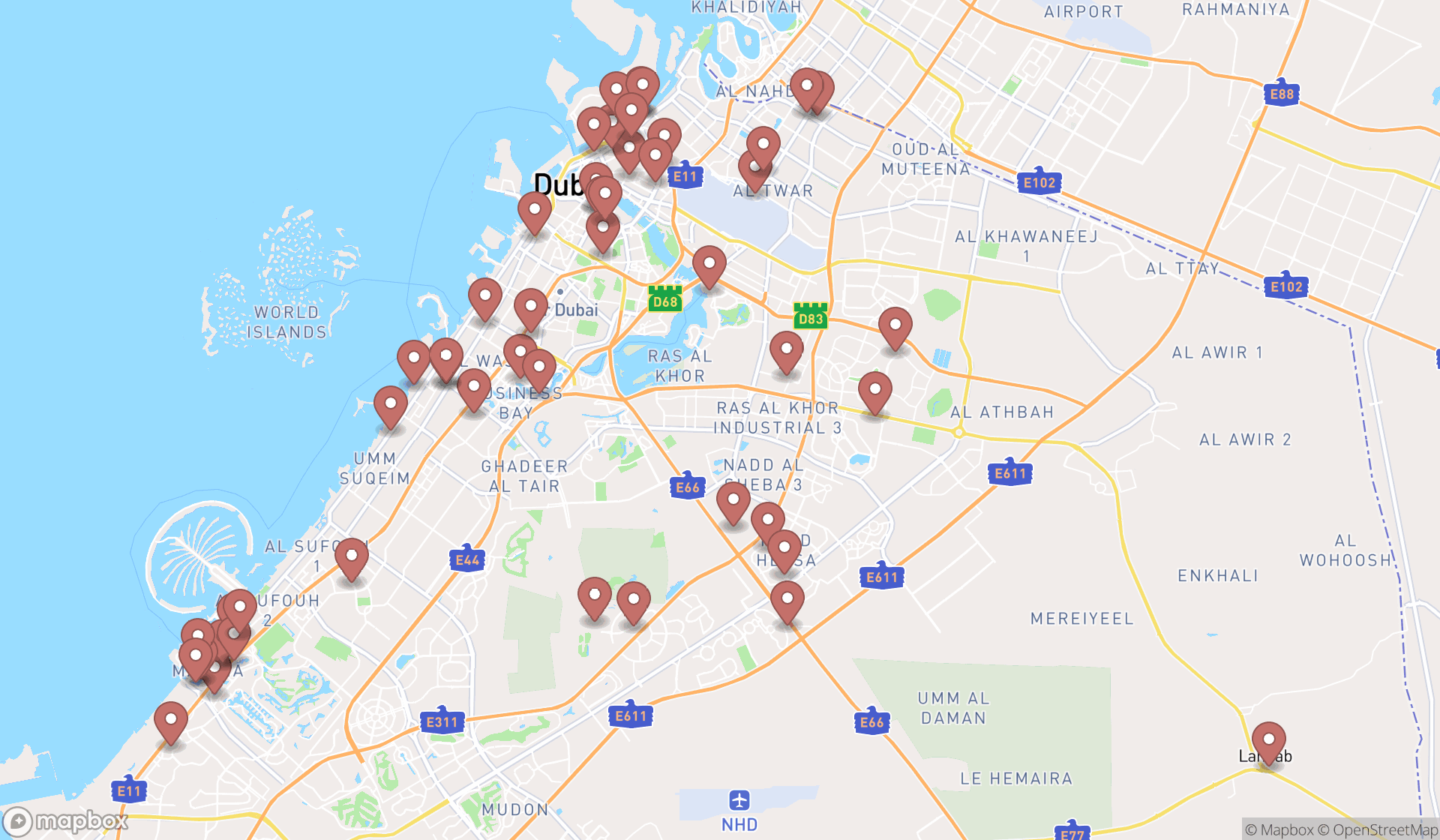 Map showing the search results in Dubai