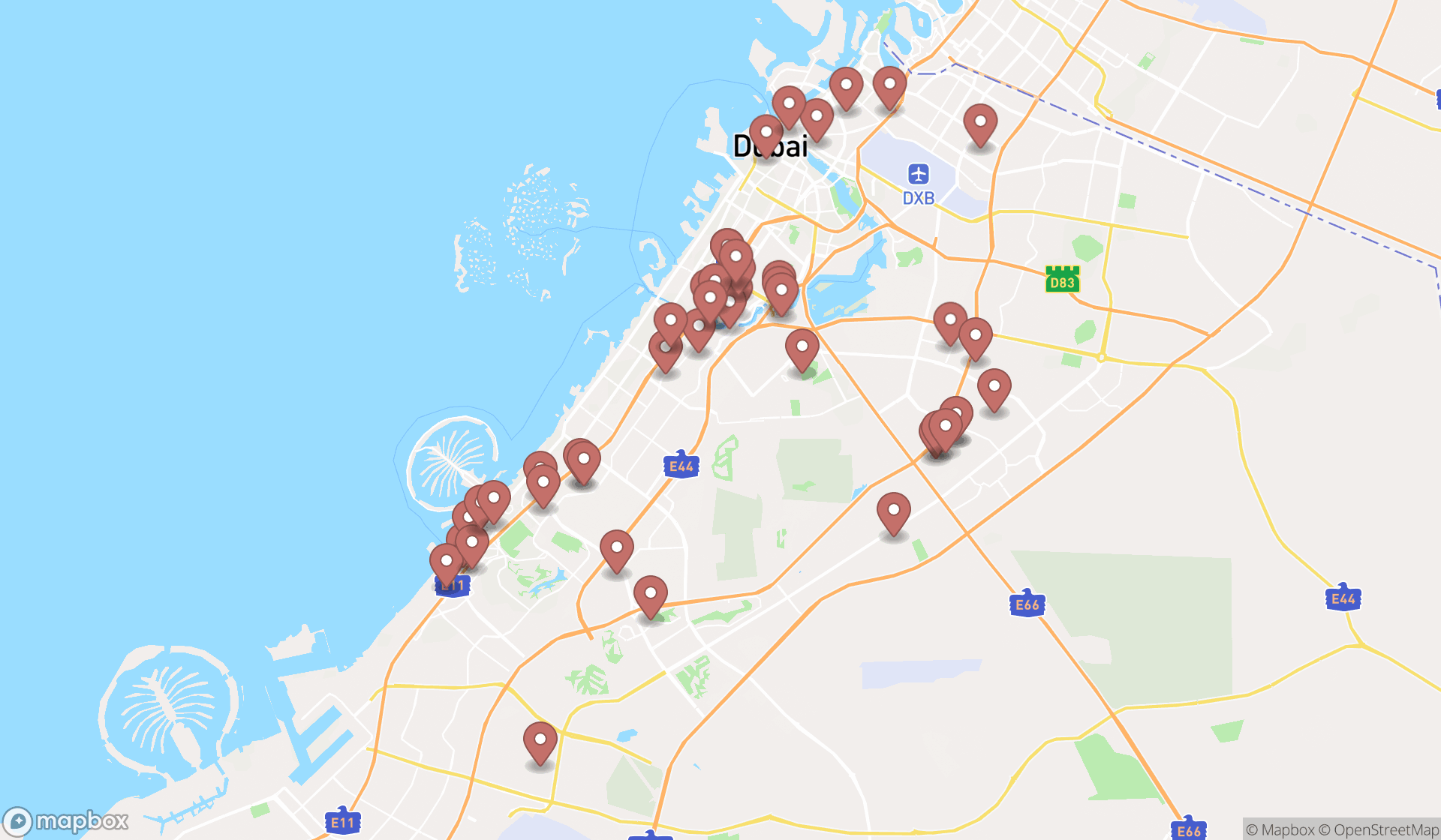 Map showing the search results in Dubai