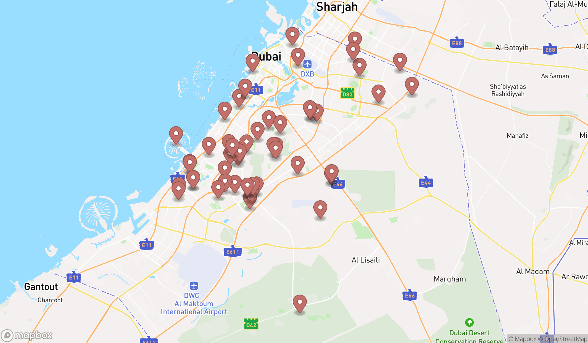 Map showing the search results in Dubai