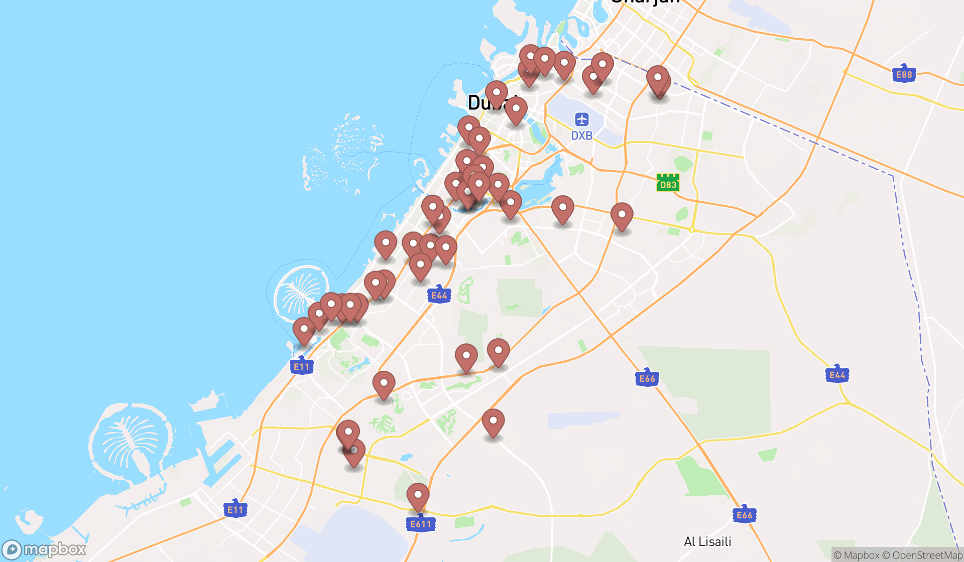 Map showing the search results in Dubai