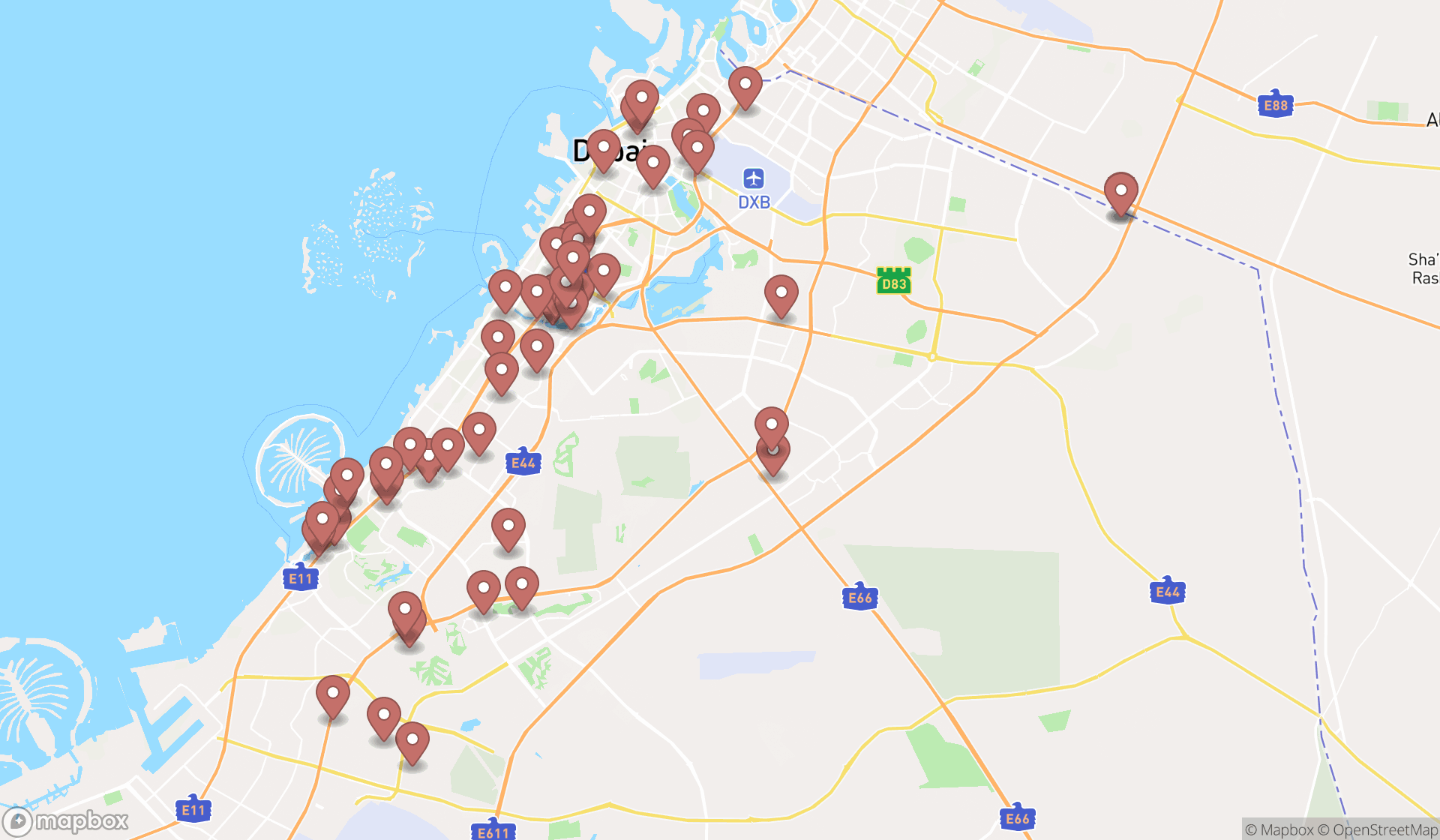 Map showing the search results in Dubai