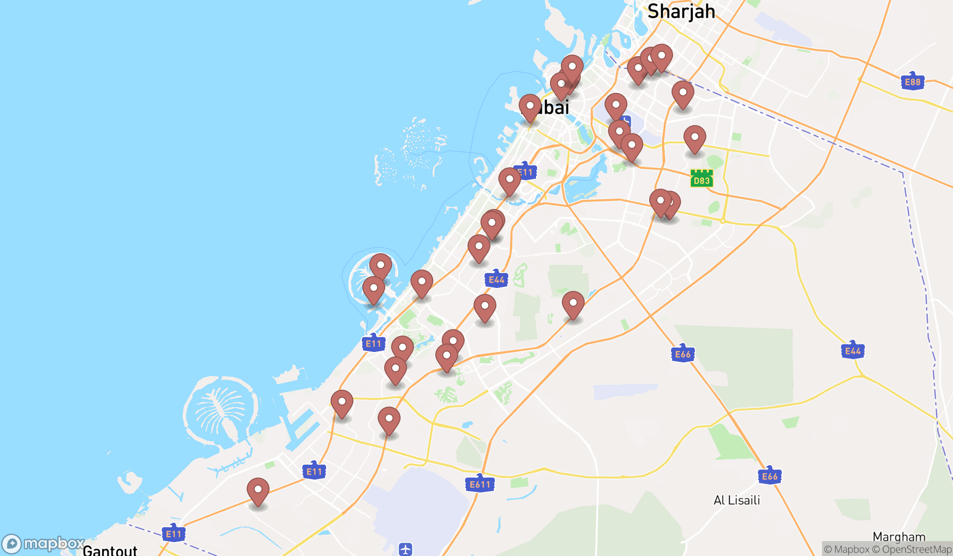Map showing the search results in Dubai