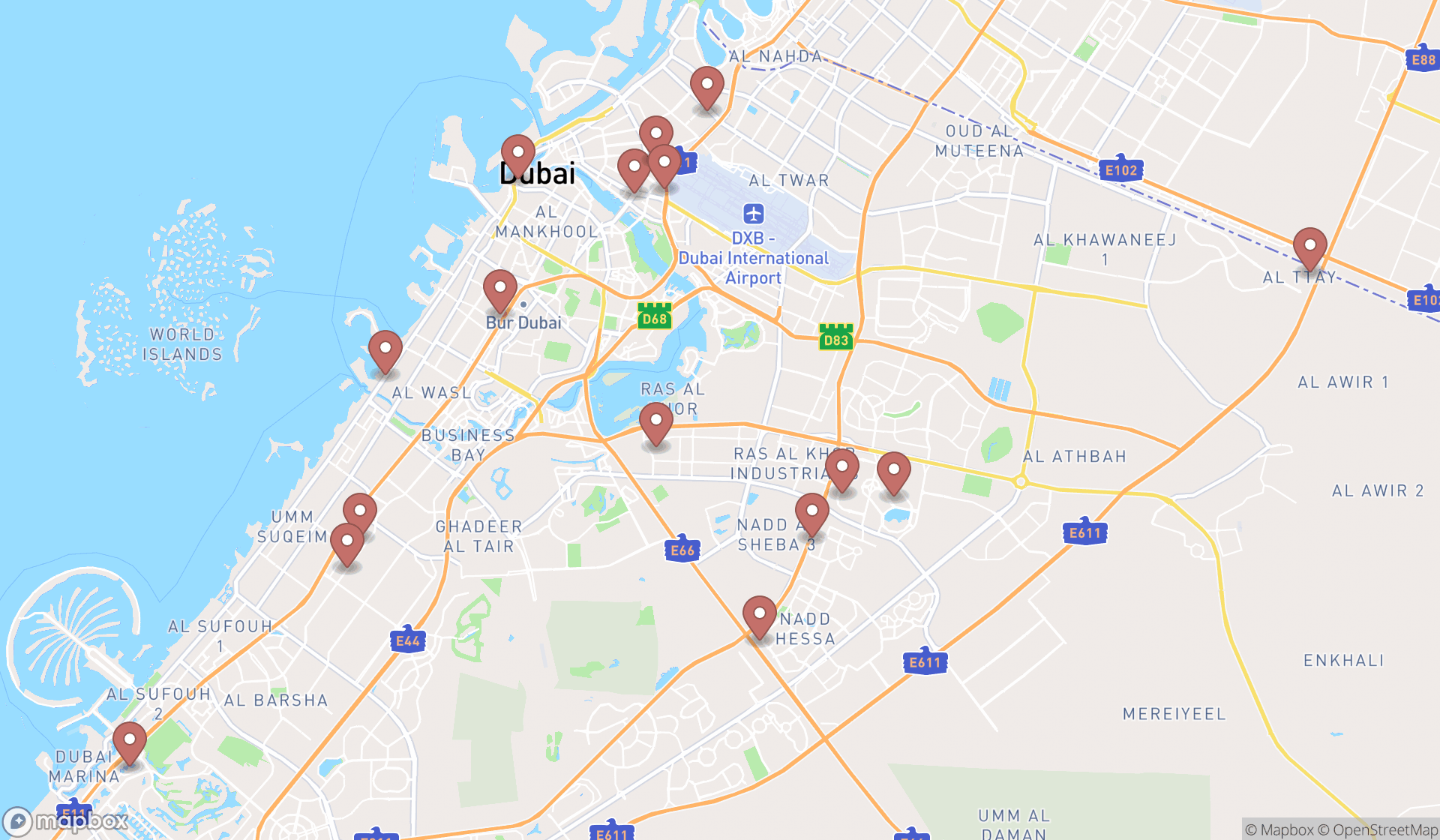 Map showing the search results in Dubai