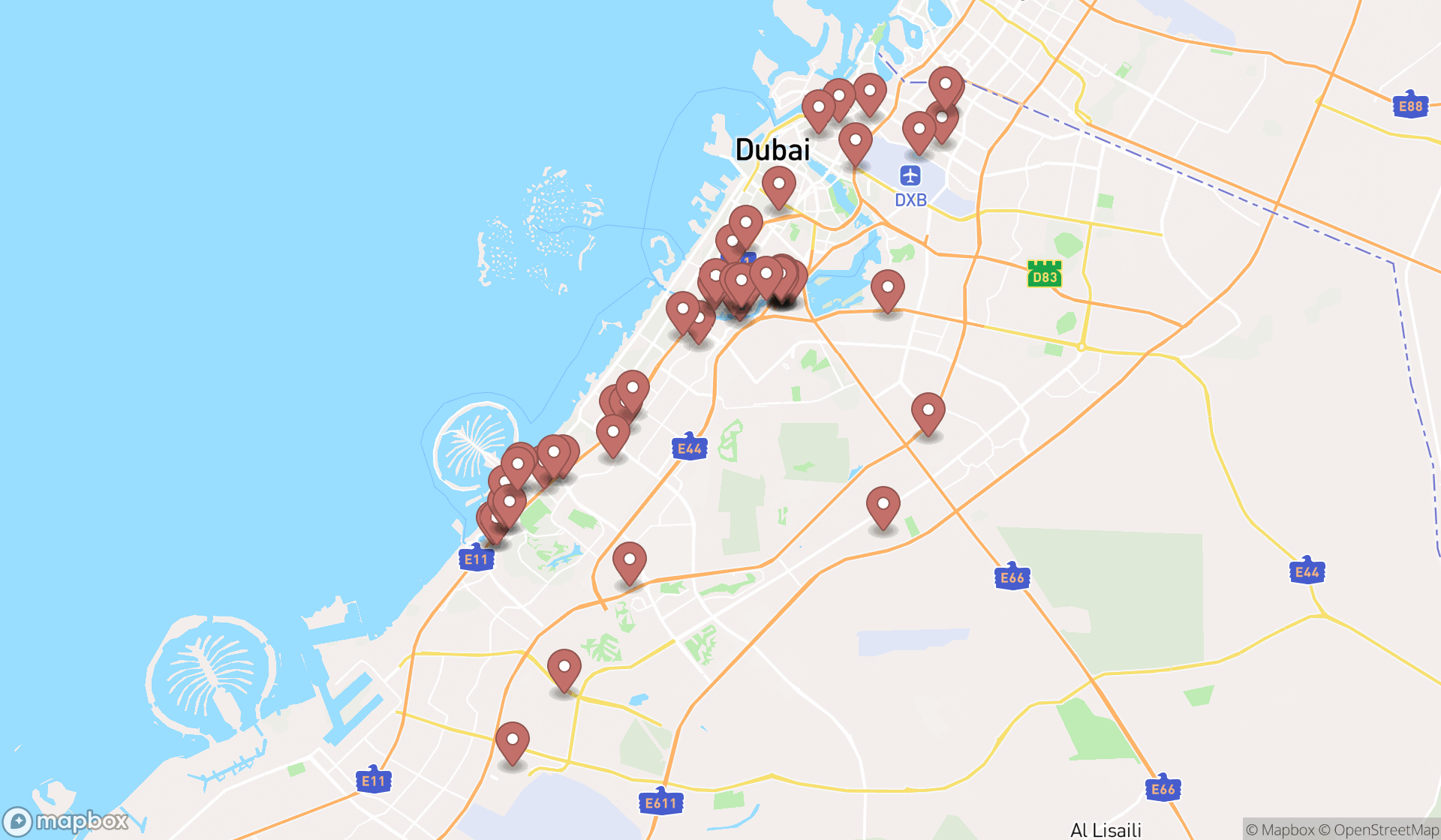 Map showing the search results in Dubai
