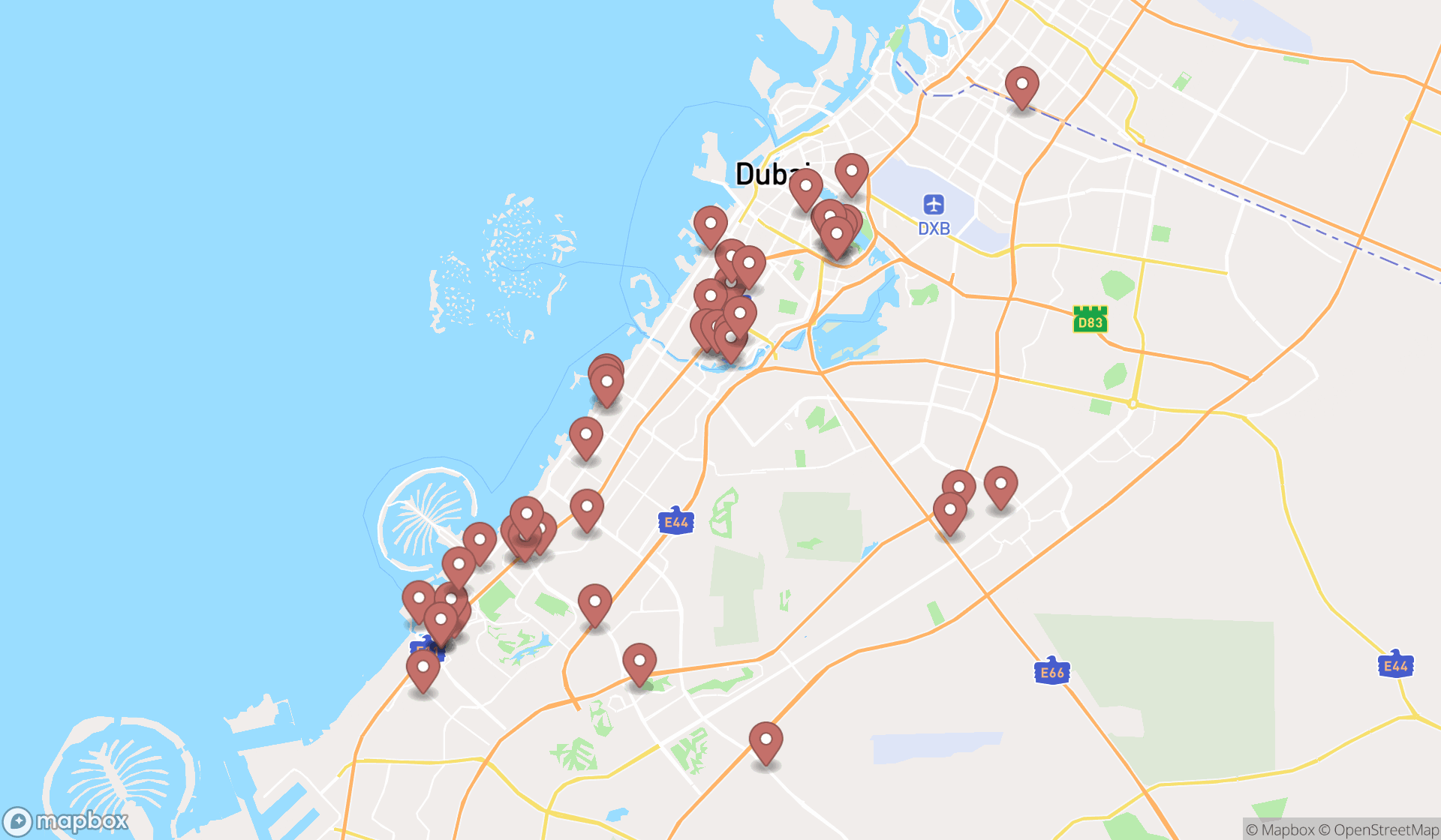 Map showing the search results in Dubai