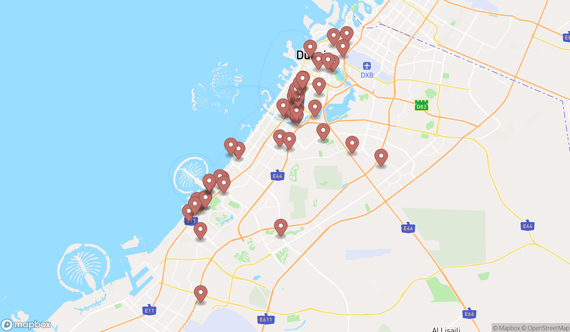Map showing the search results in Dubai