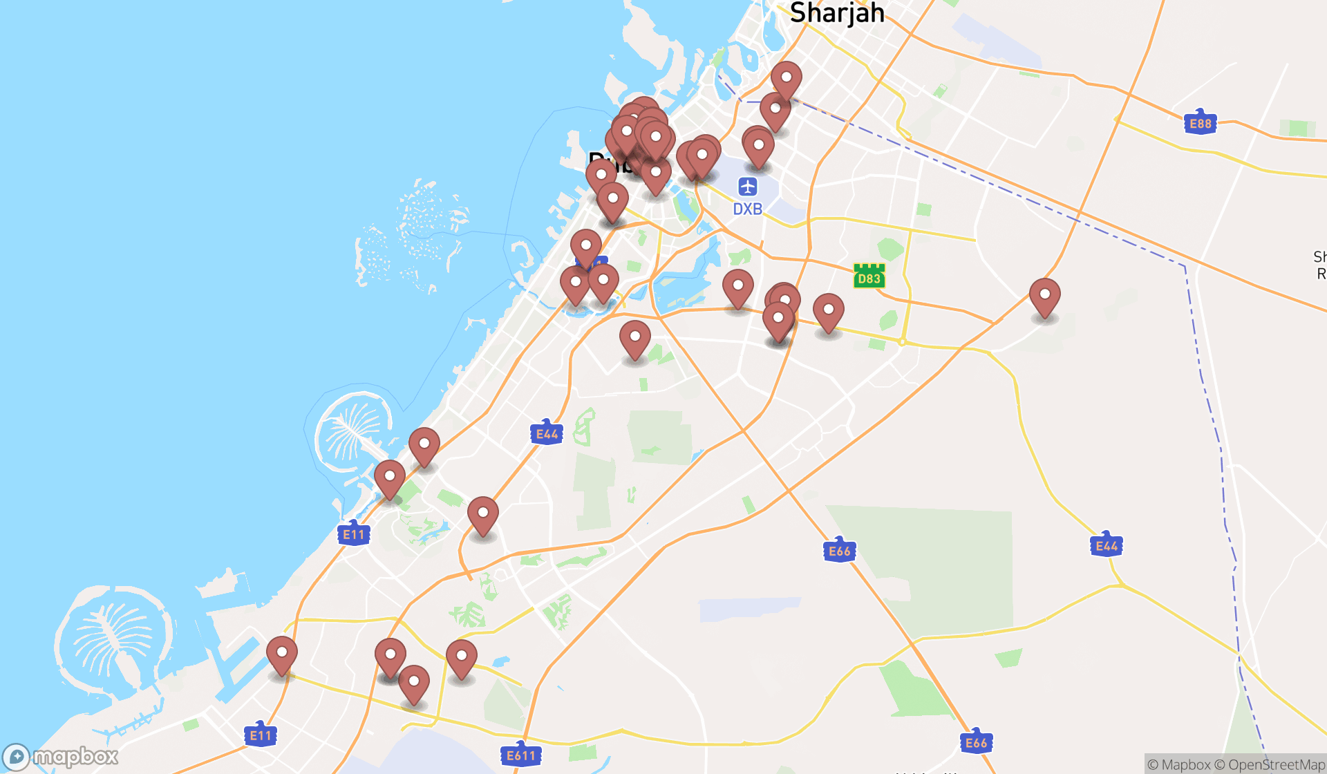 Map showing the search results in Dubai