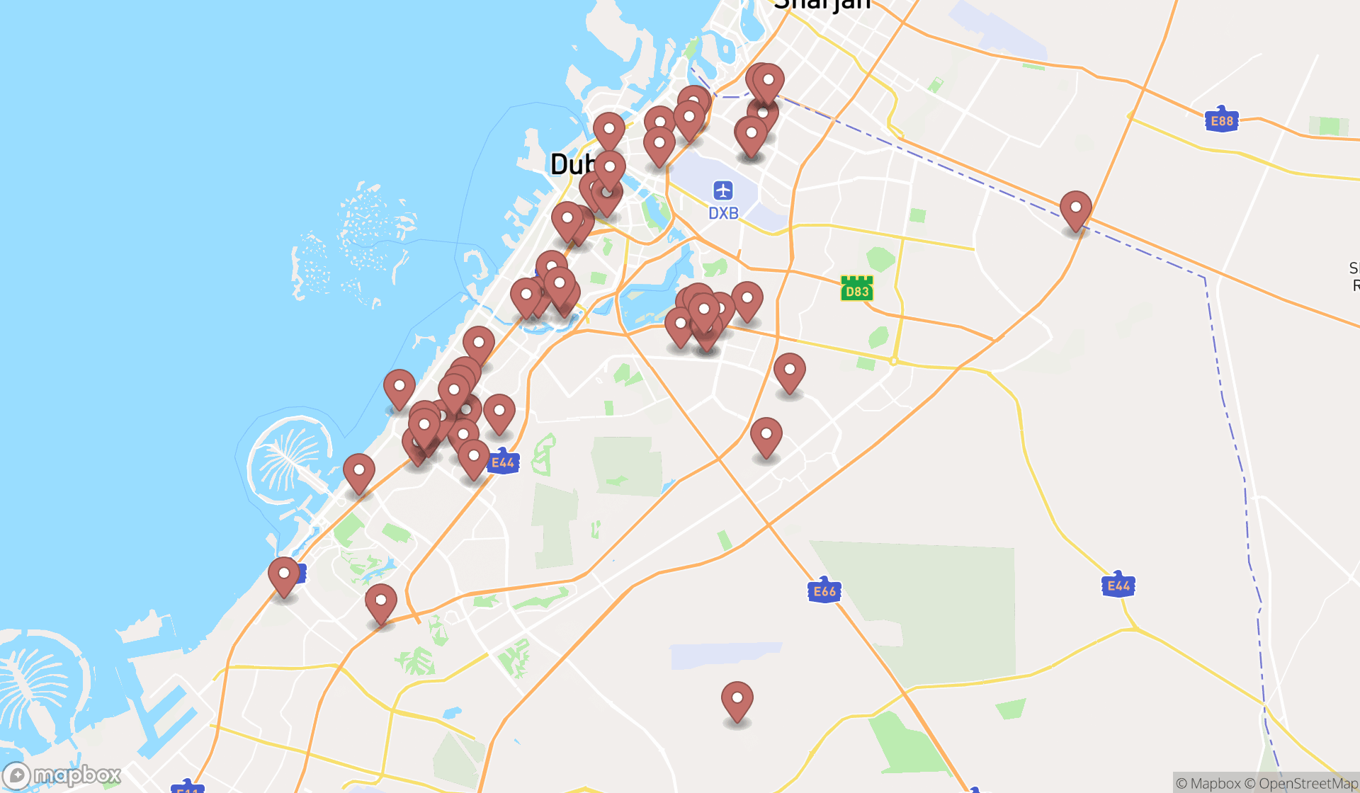Map showing the search results in Dubai