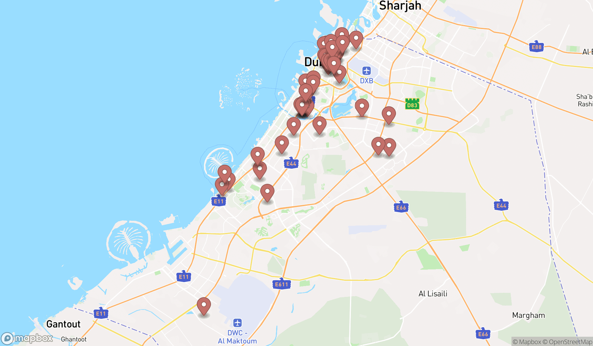 Map showing the search results in Dubai