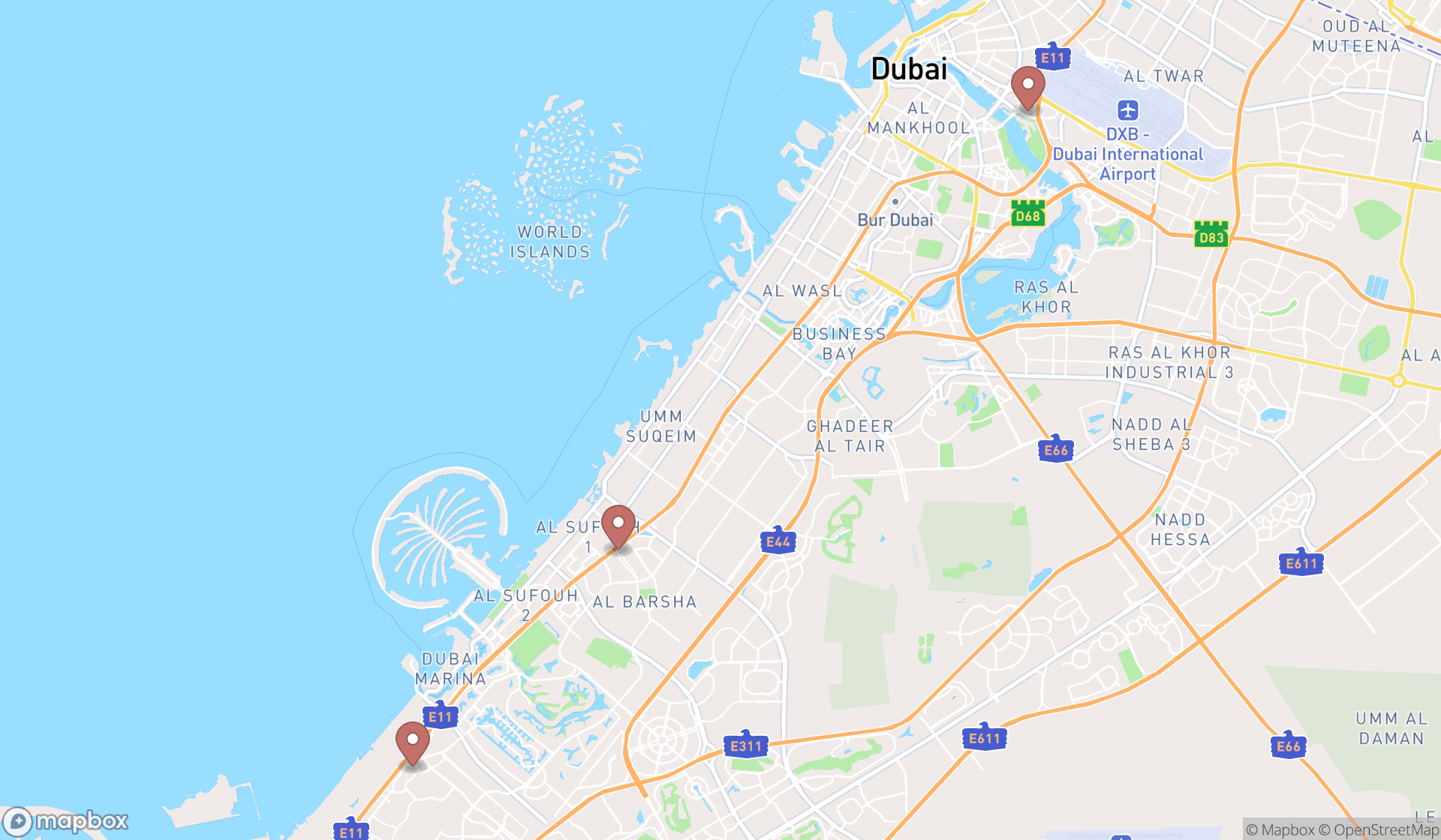 Map showing the search results in Dubai
