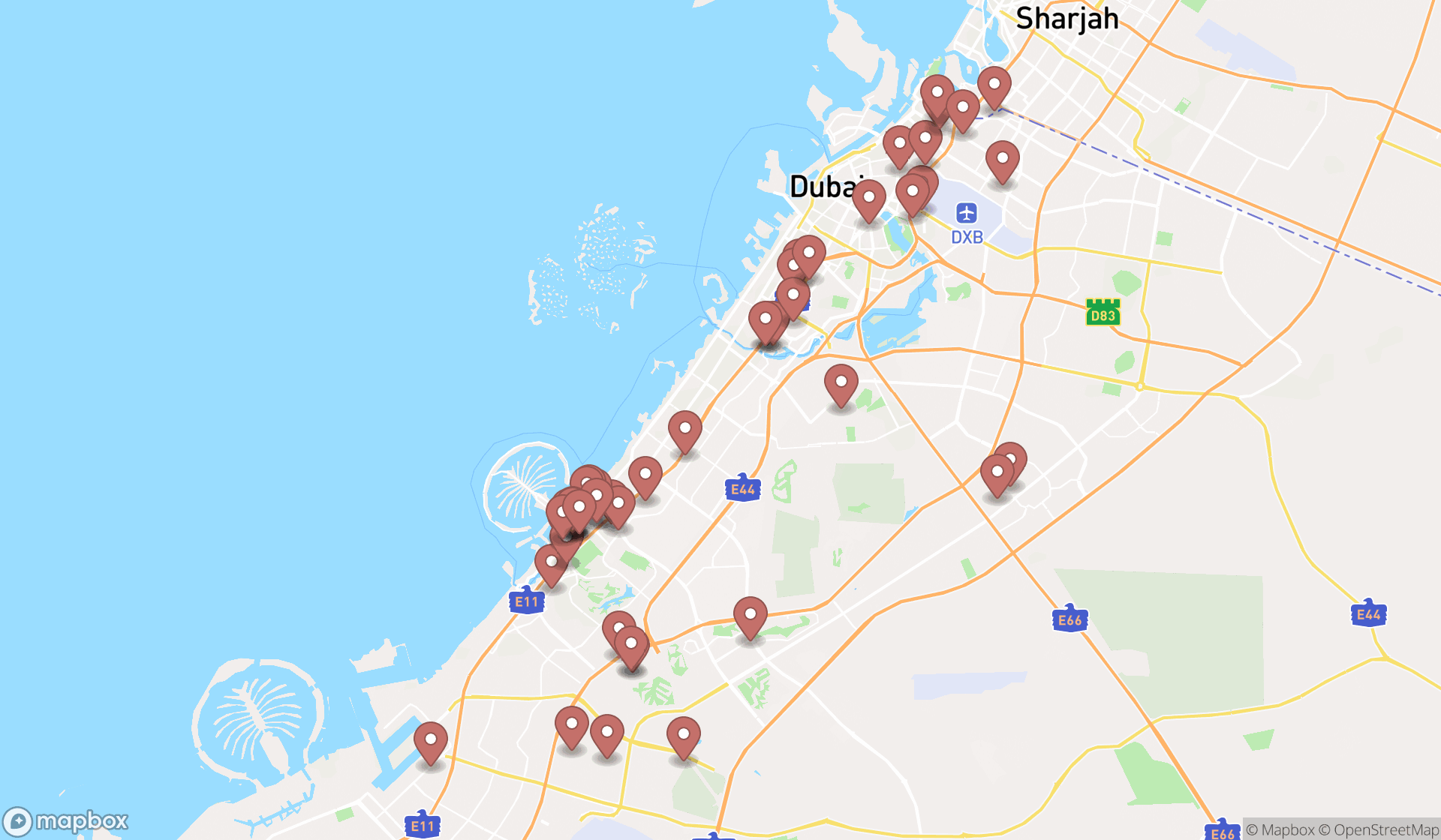 Map showing the search results in Dubai
