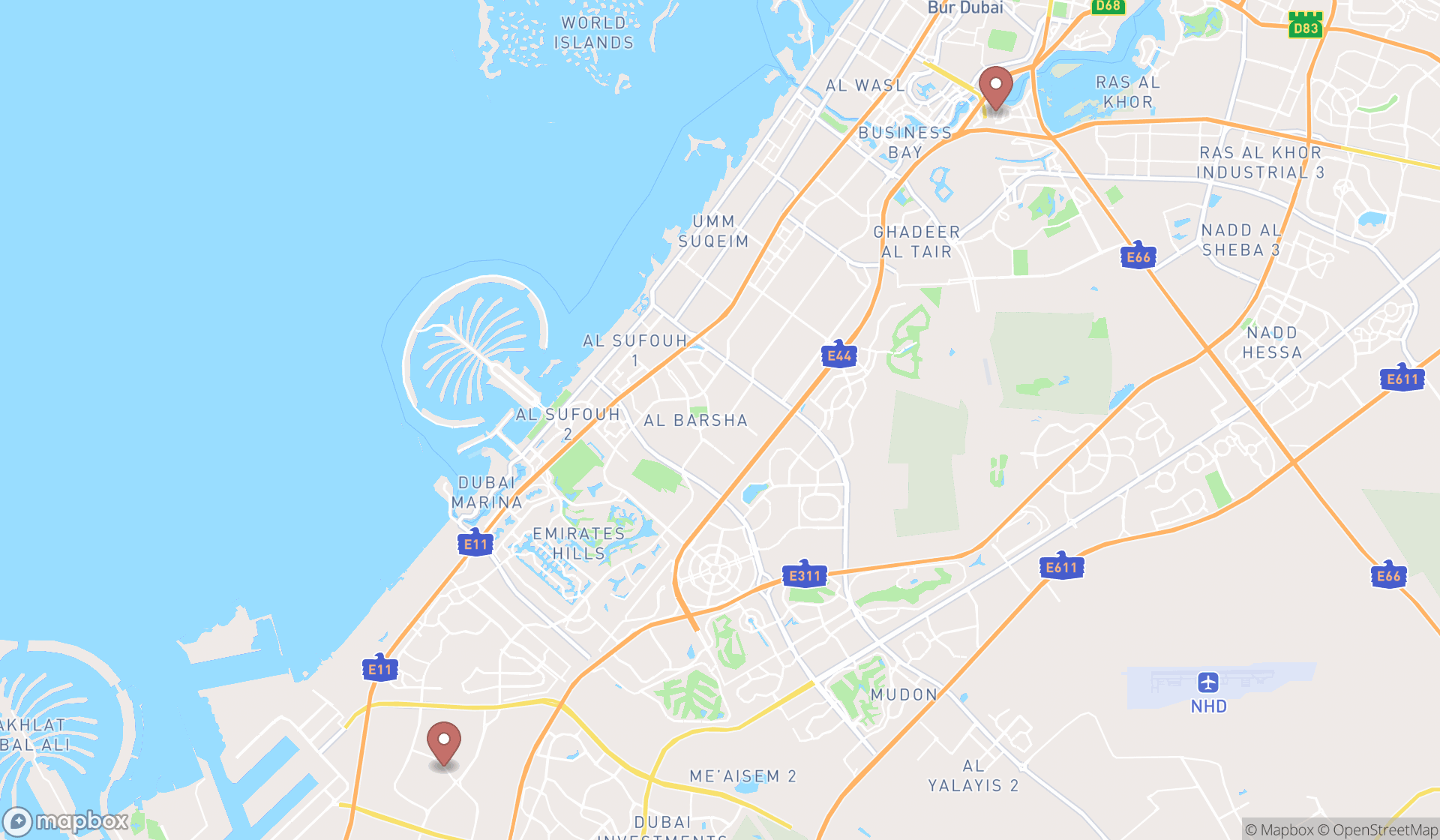 Map showing the search results in Dubai