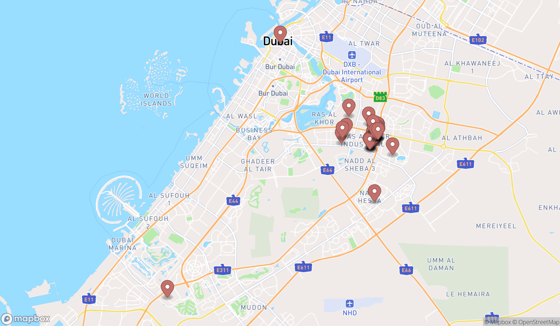 Map showing the search results in Dubai