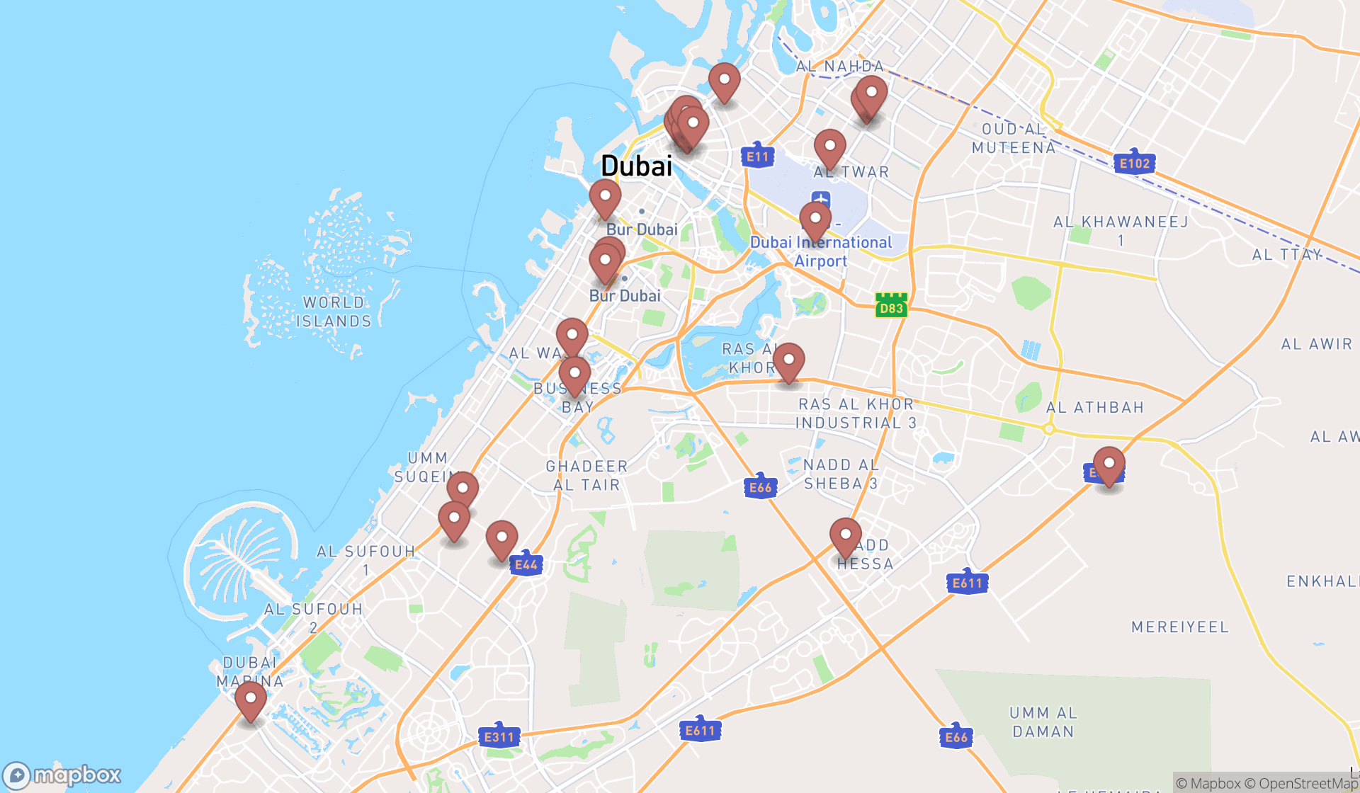 Map showing the search results in Dubai