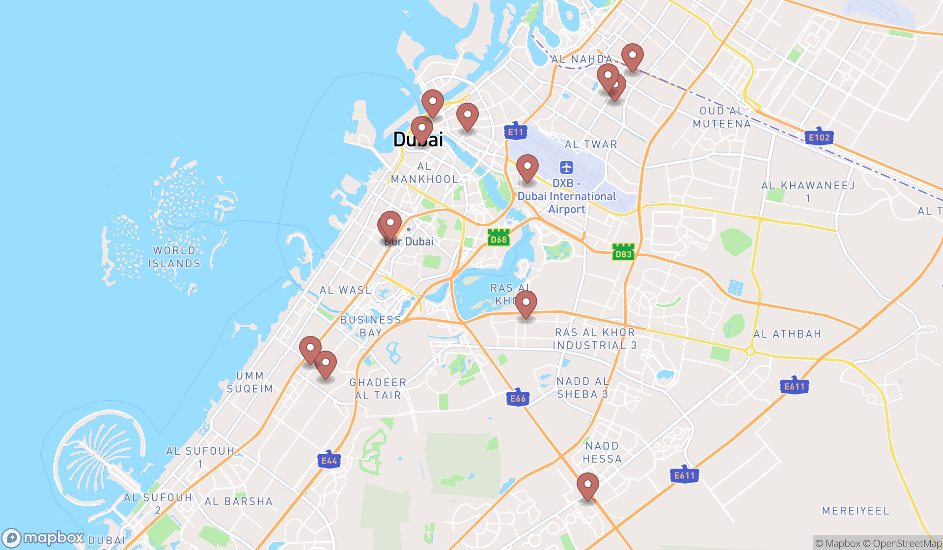 Map showing the search results in Dubai