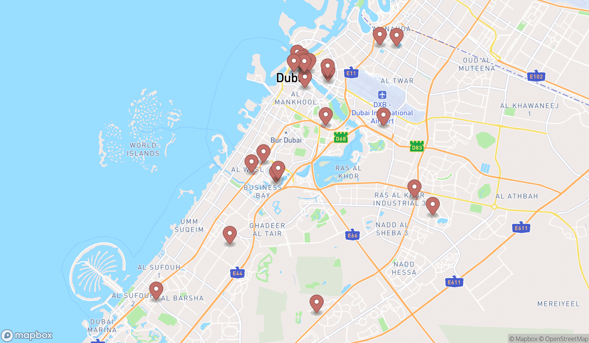 Map showing the search results in Dubai