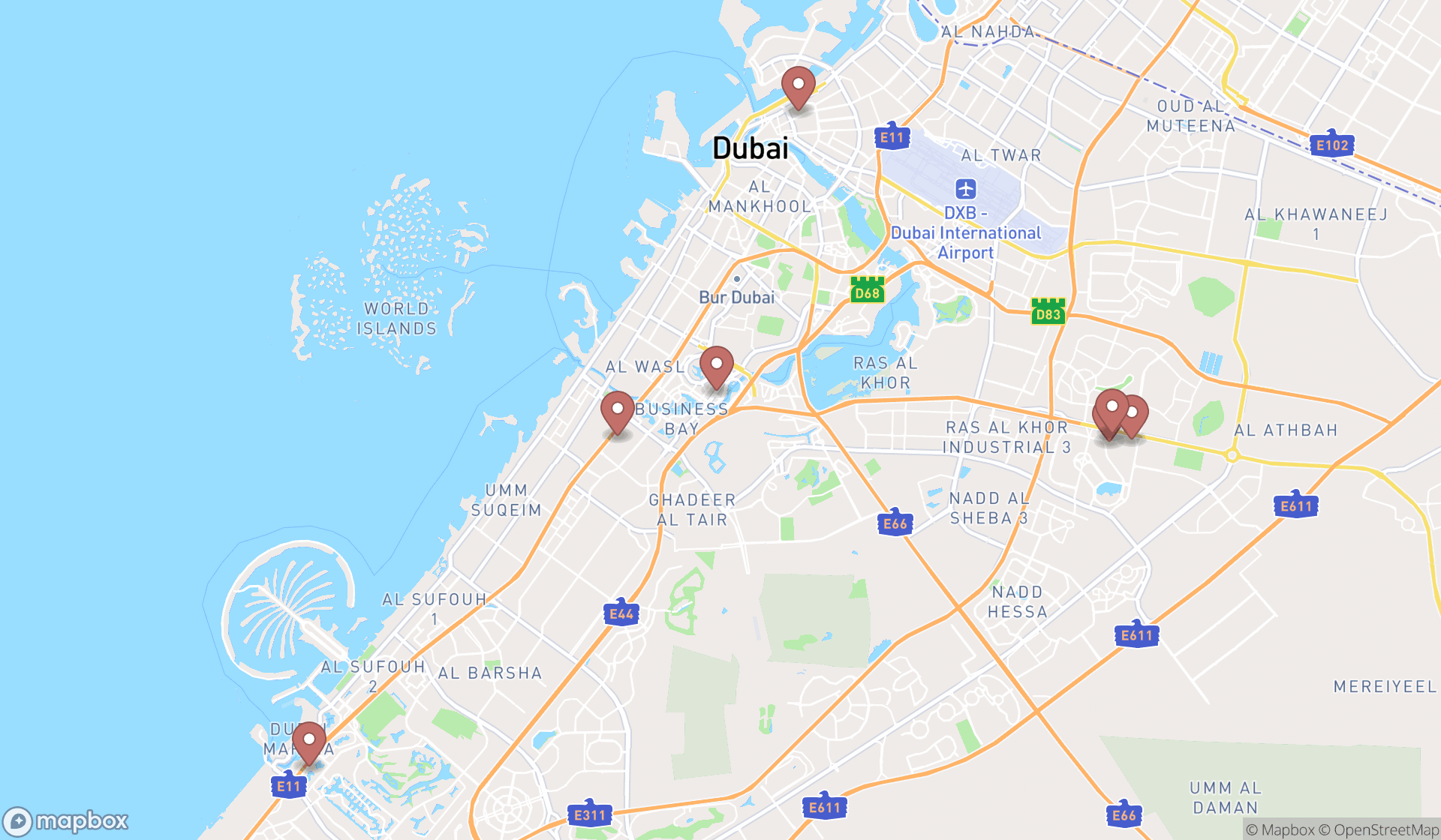 Map showing the search results in Dubai