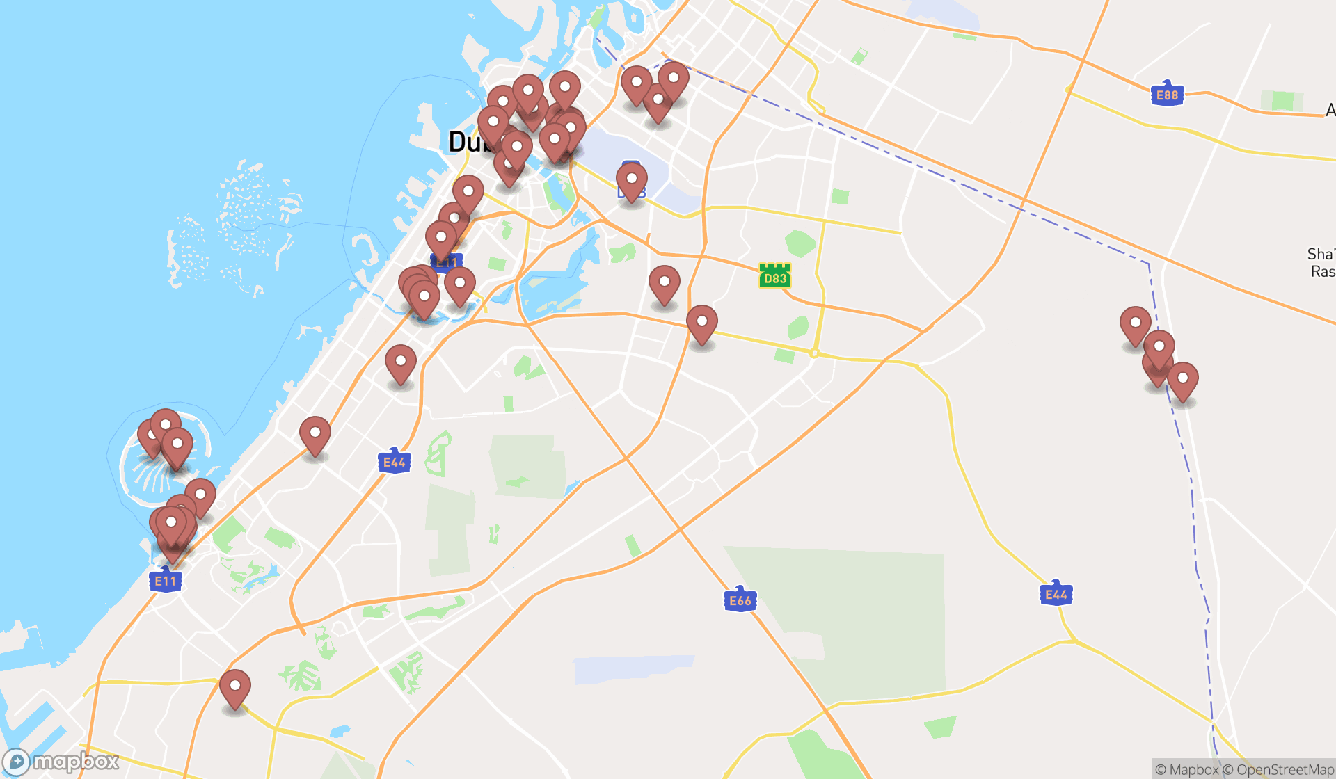 Map showing the search results in Dubai