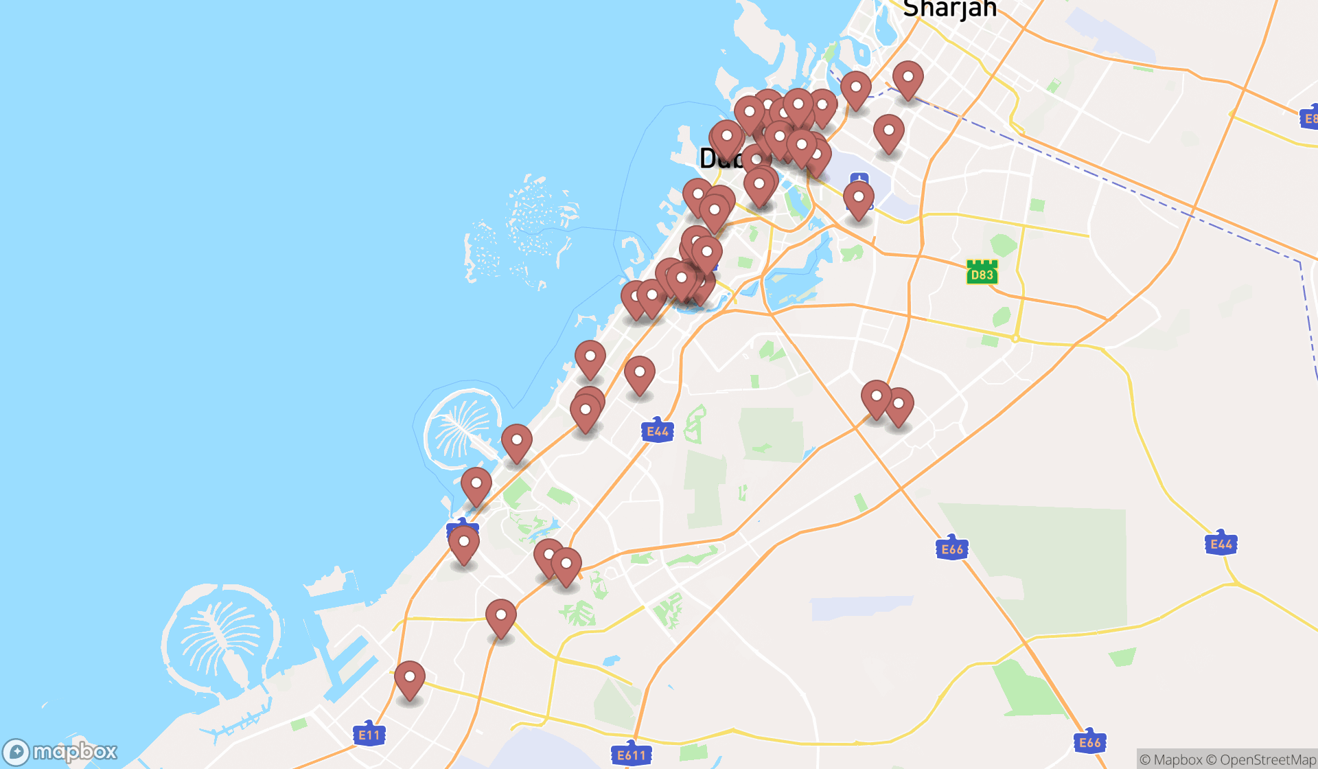 Map showing the search results in Dubai