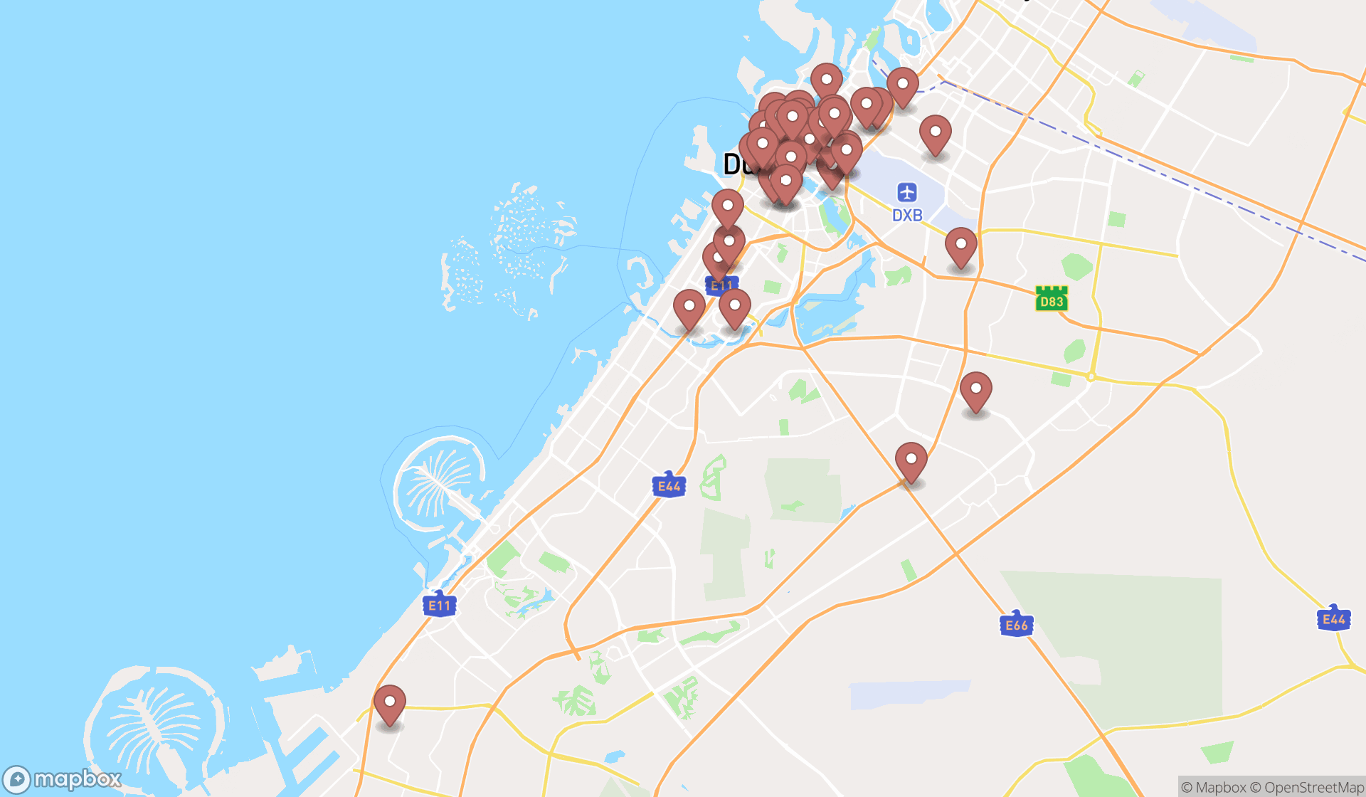 Map showing the search results in Dubai