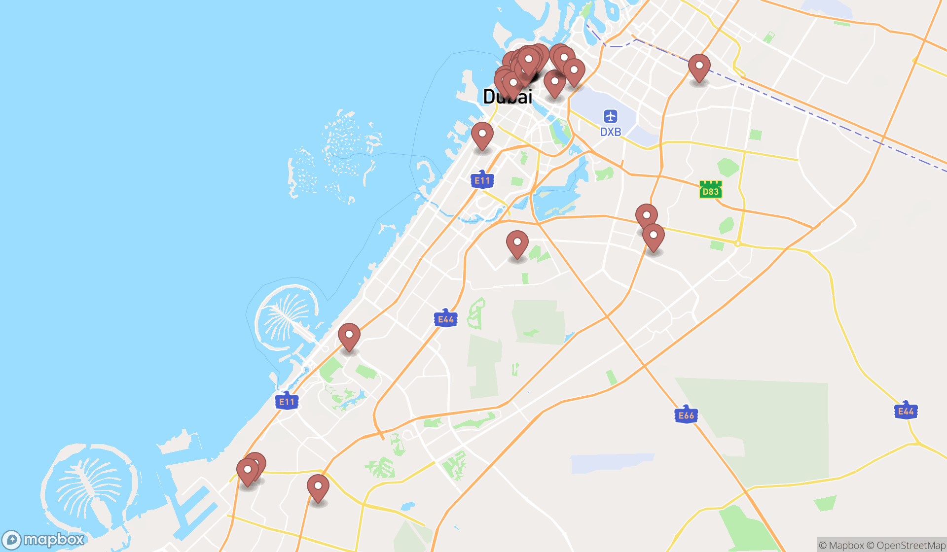 Map showing the search results in Dubai