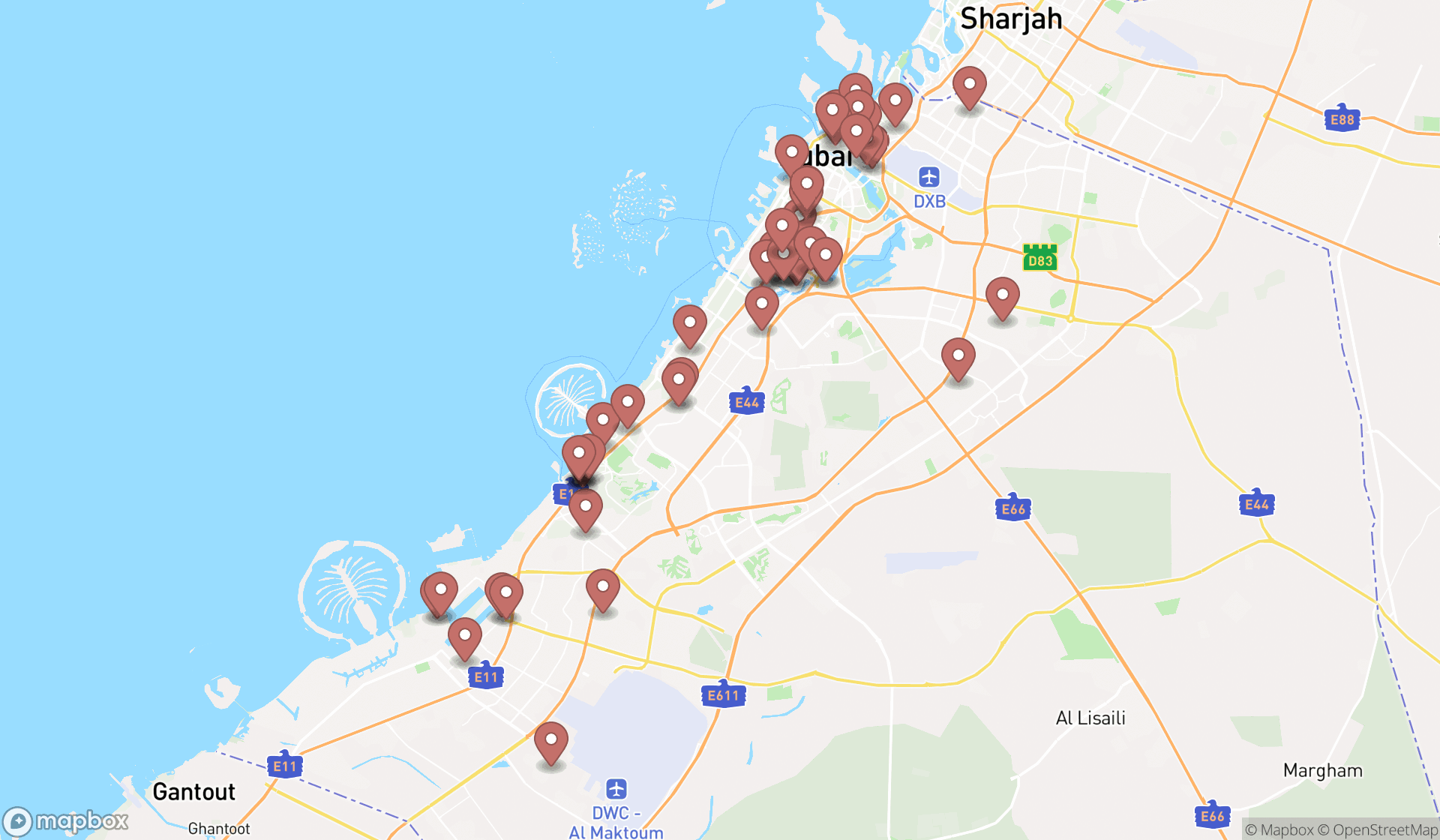 Map showing the search results in Dubai