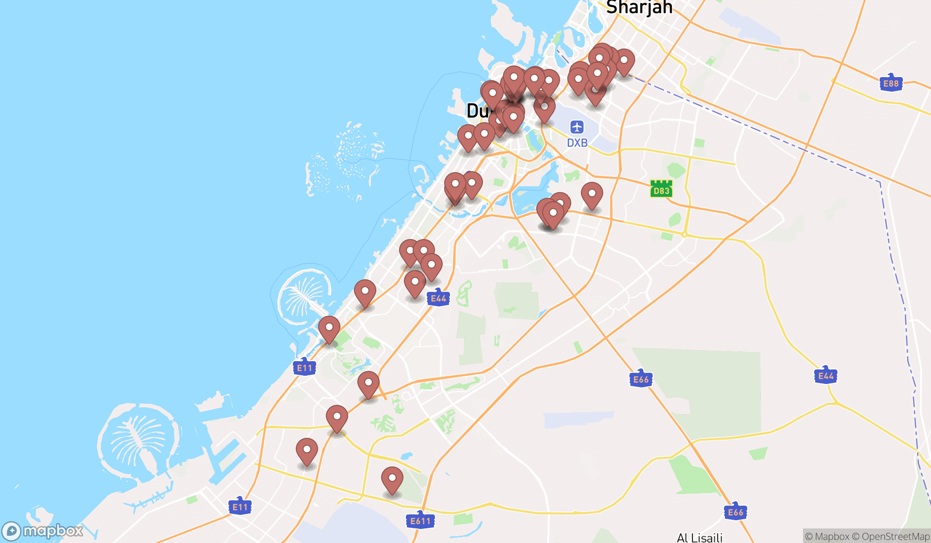 Map showing the search results in Dubai