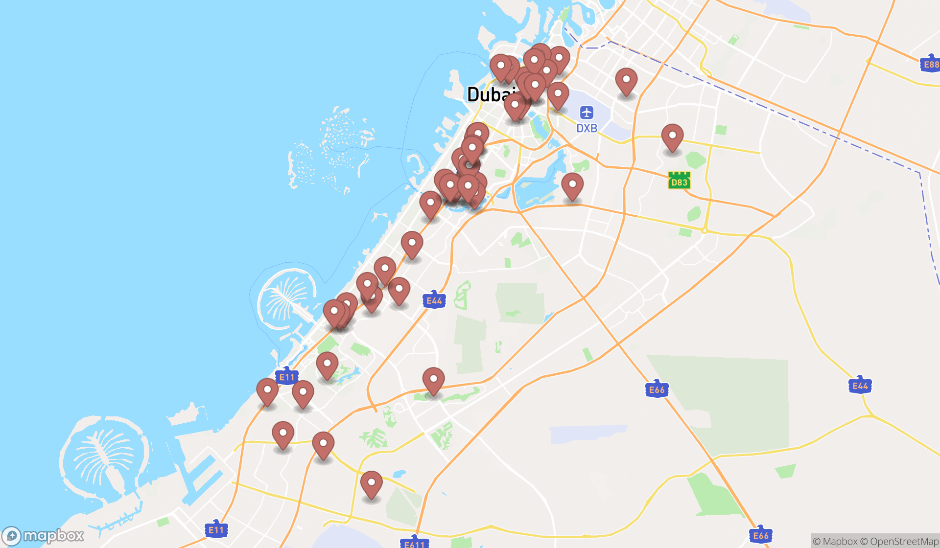 Map showing the search results in Dubai