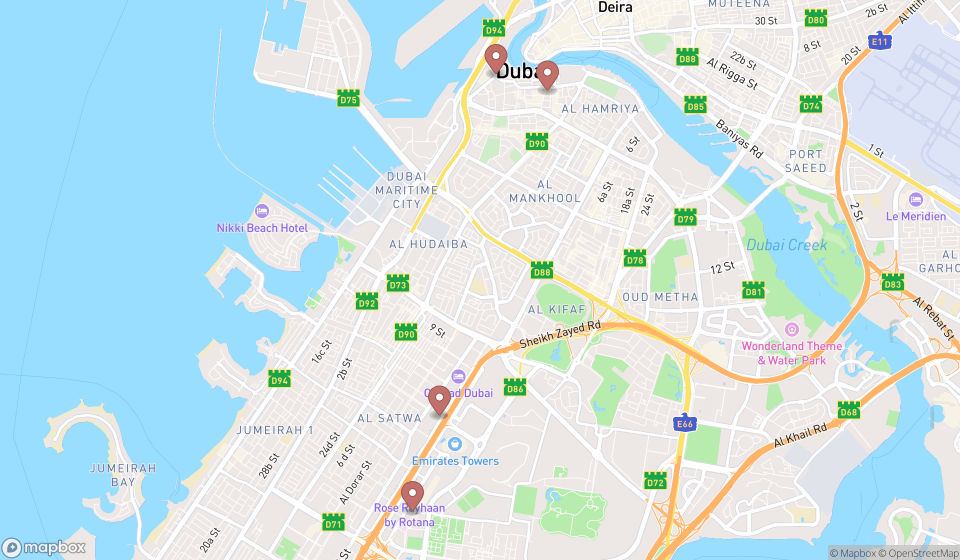Map showing the search results in Dubai
