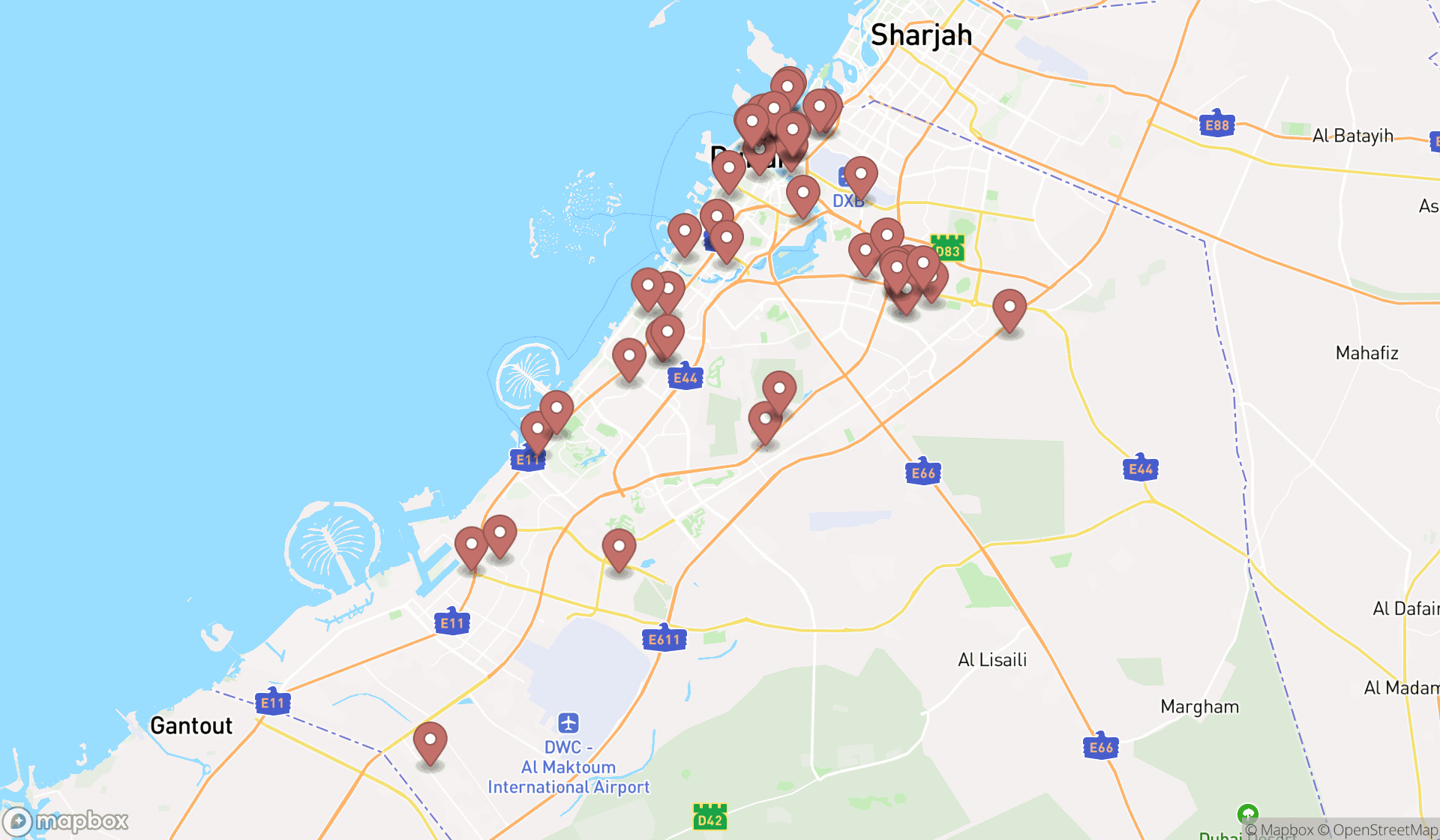 Map showing the search results in Dubai